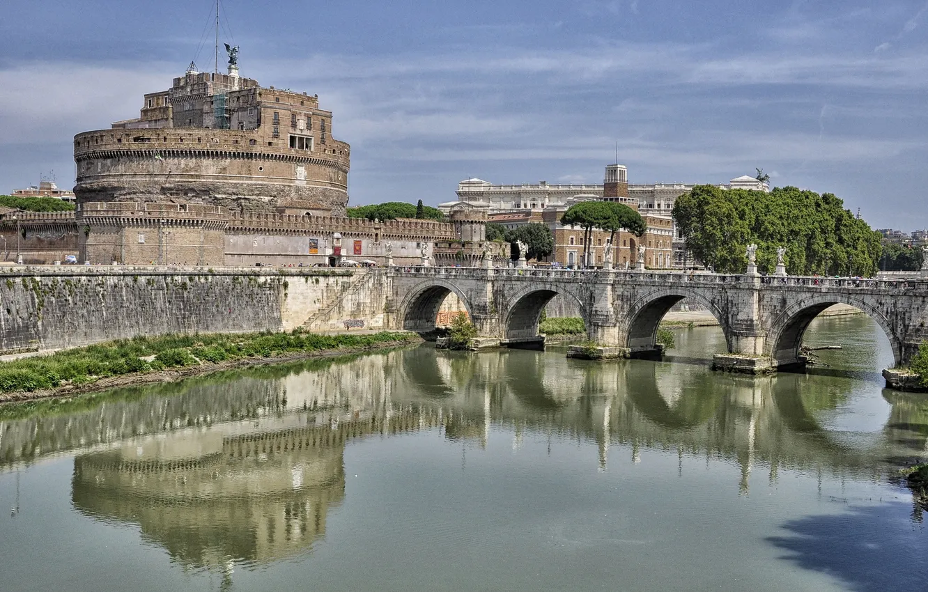 Фото обои небо, мост, река, Рим, Италия, Тибр, замок Святого Ангела