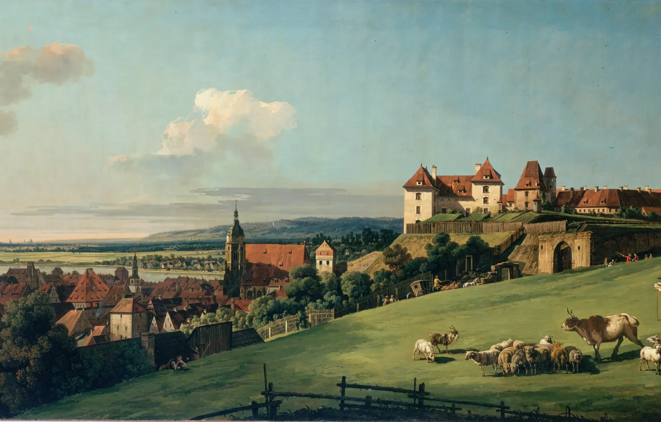 Фото обои замок, овцы, луг, пастух, Bernardo, выпас скота, View of Pirna from the Sonnenstein Castle, Bellotto
