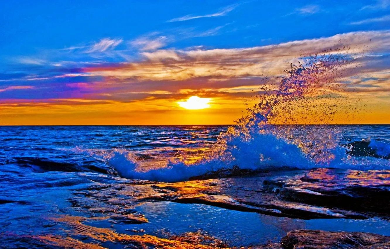 Фото обои sky, sea, sunset, splash, horizon, shiny, noon