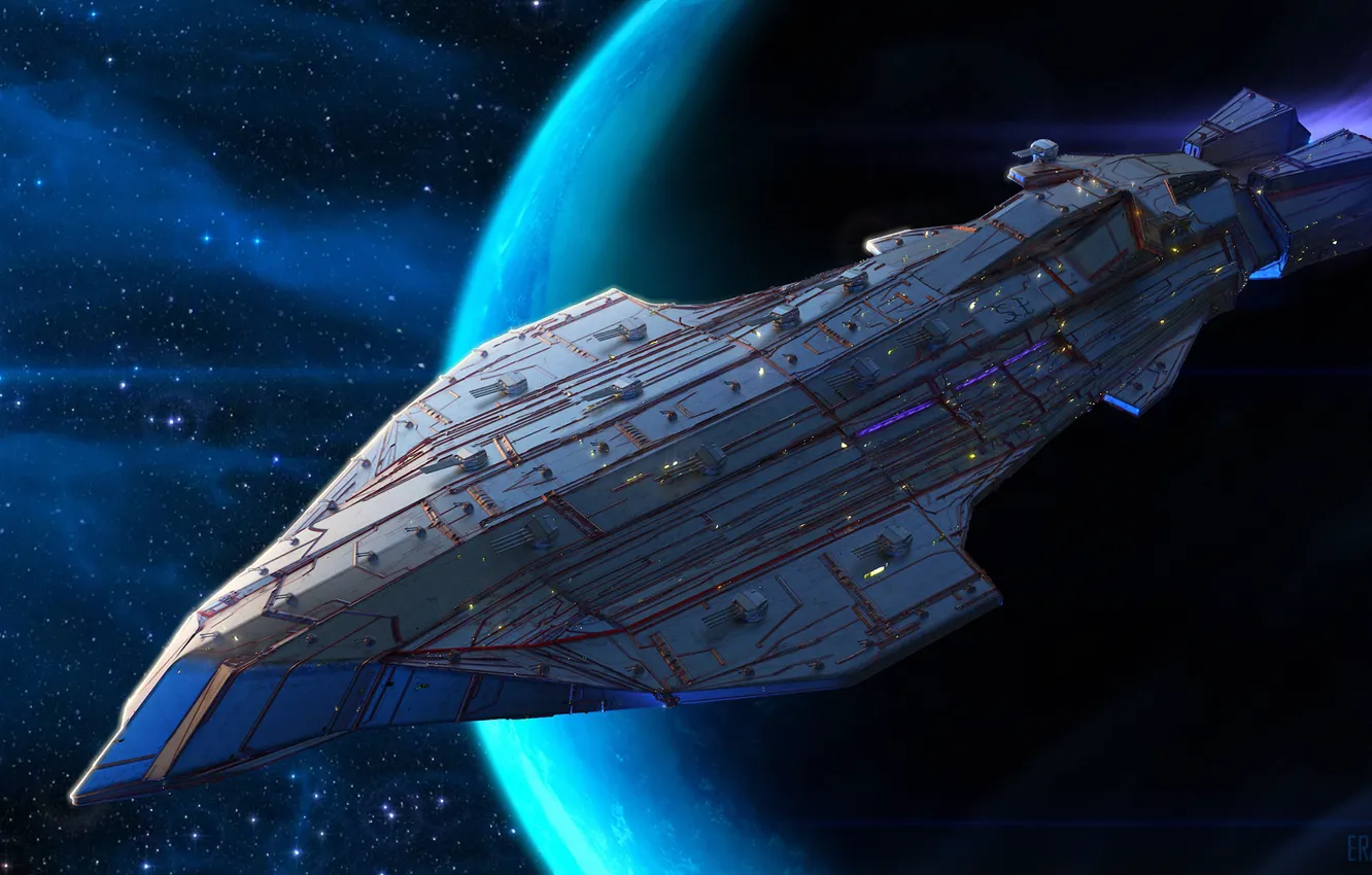 Фото обои космос, планета, звёзды, космический корабль, Kalarian Battleship Shark-Class