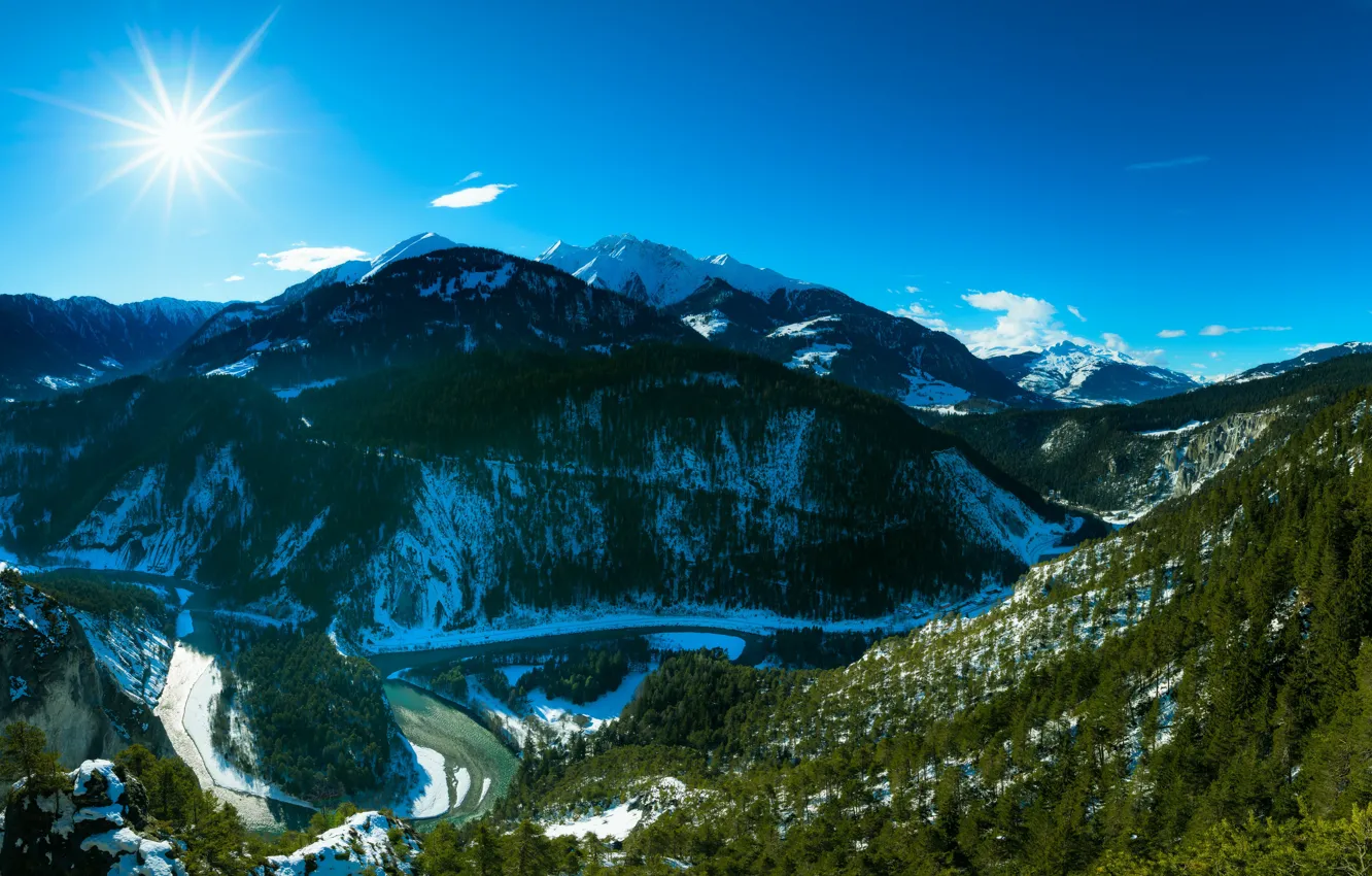 Фото обои солнце, снег, горы, склоны, Швейцария, Альпы, каньон, Ruinaulta