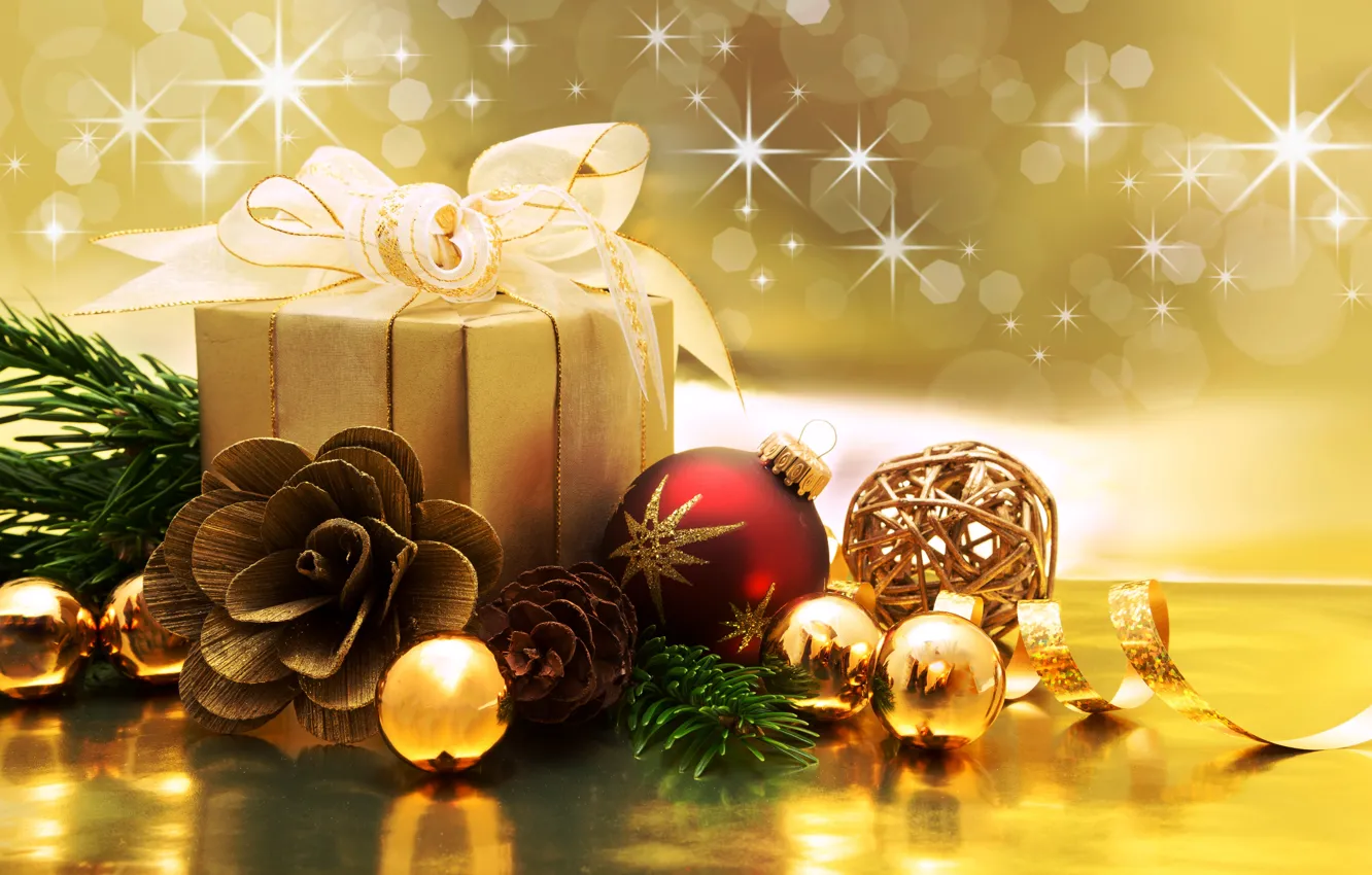 Фото обои украшения, подарок, шары, Новый Год, Рождество, Christmas, bokeh, decoration