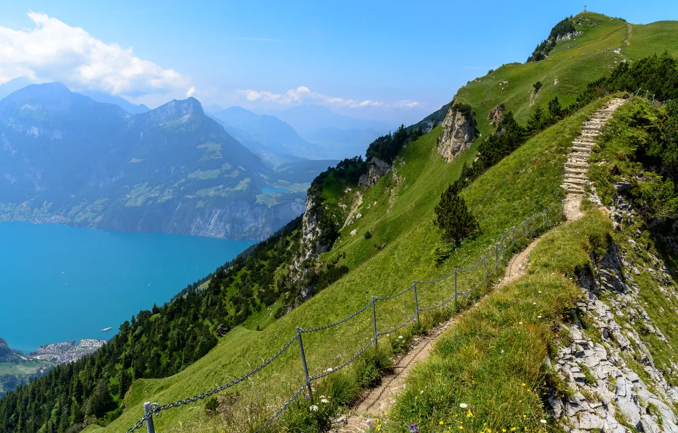 Фото обои Природа, Озеро, Швейцария, Альпы, Тропа, Пейзаж, Склон, Вершина