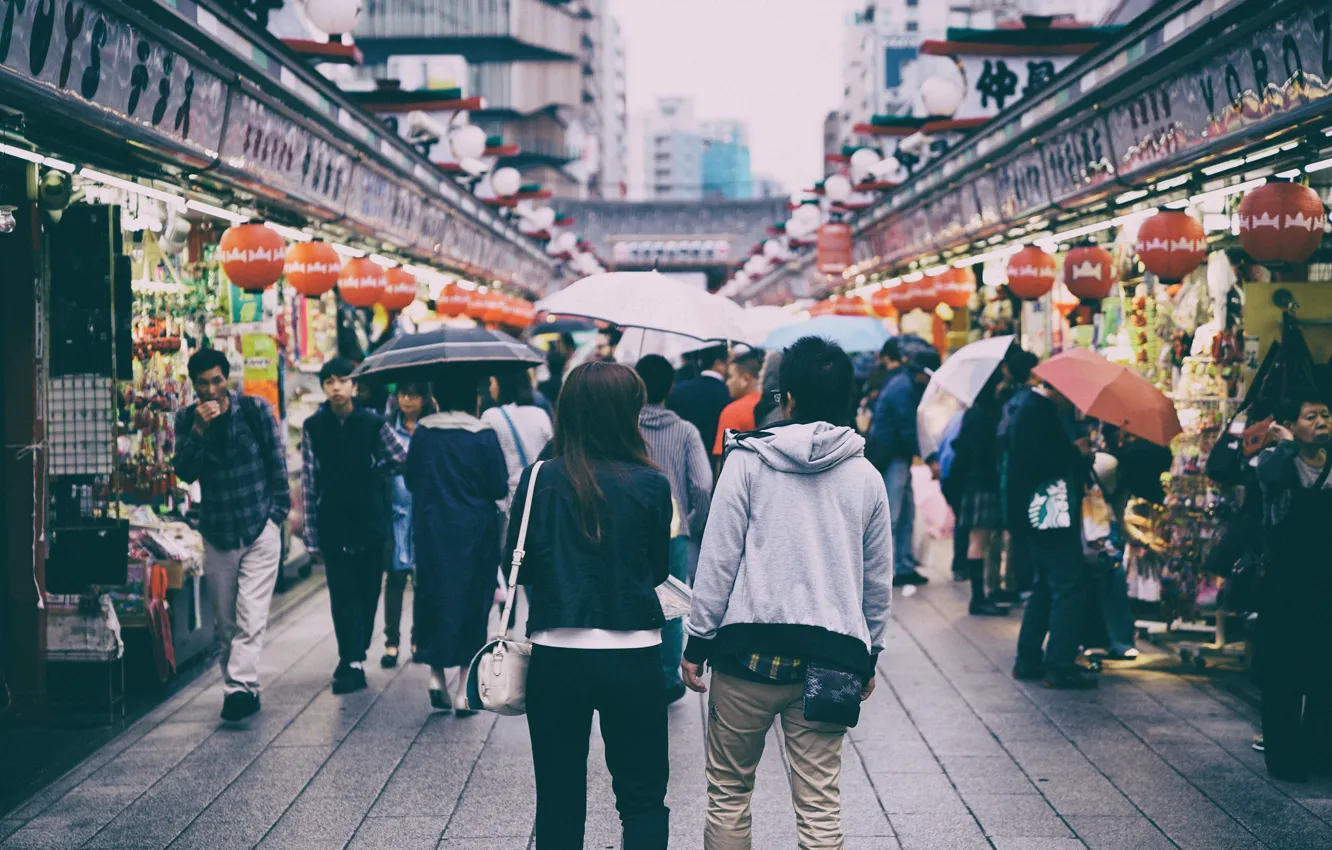 Фото обои Tokyo, Japan, people, cityscape, market, rainy, everyday life, urban scene