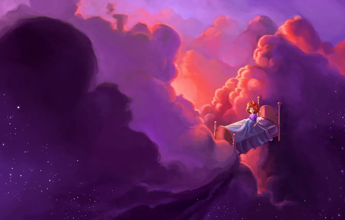 Фото обои девушка, облака, фантазия, звёзды, арт, полёт, рыжеволосая