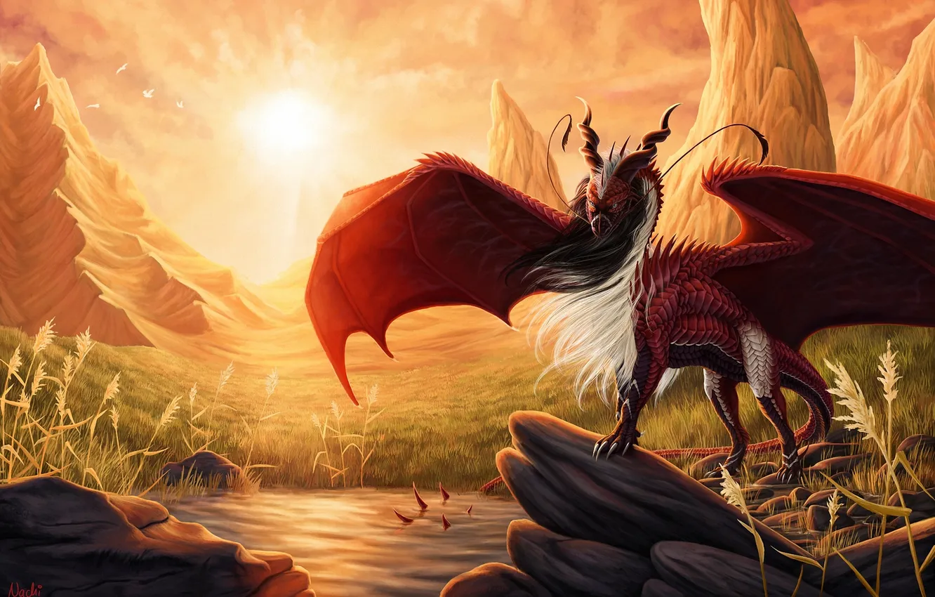 Фото обои солнце, закат, горы, пруд, камни, дракон, арт