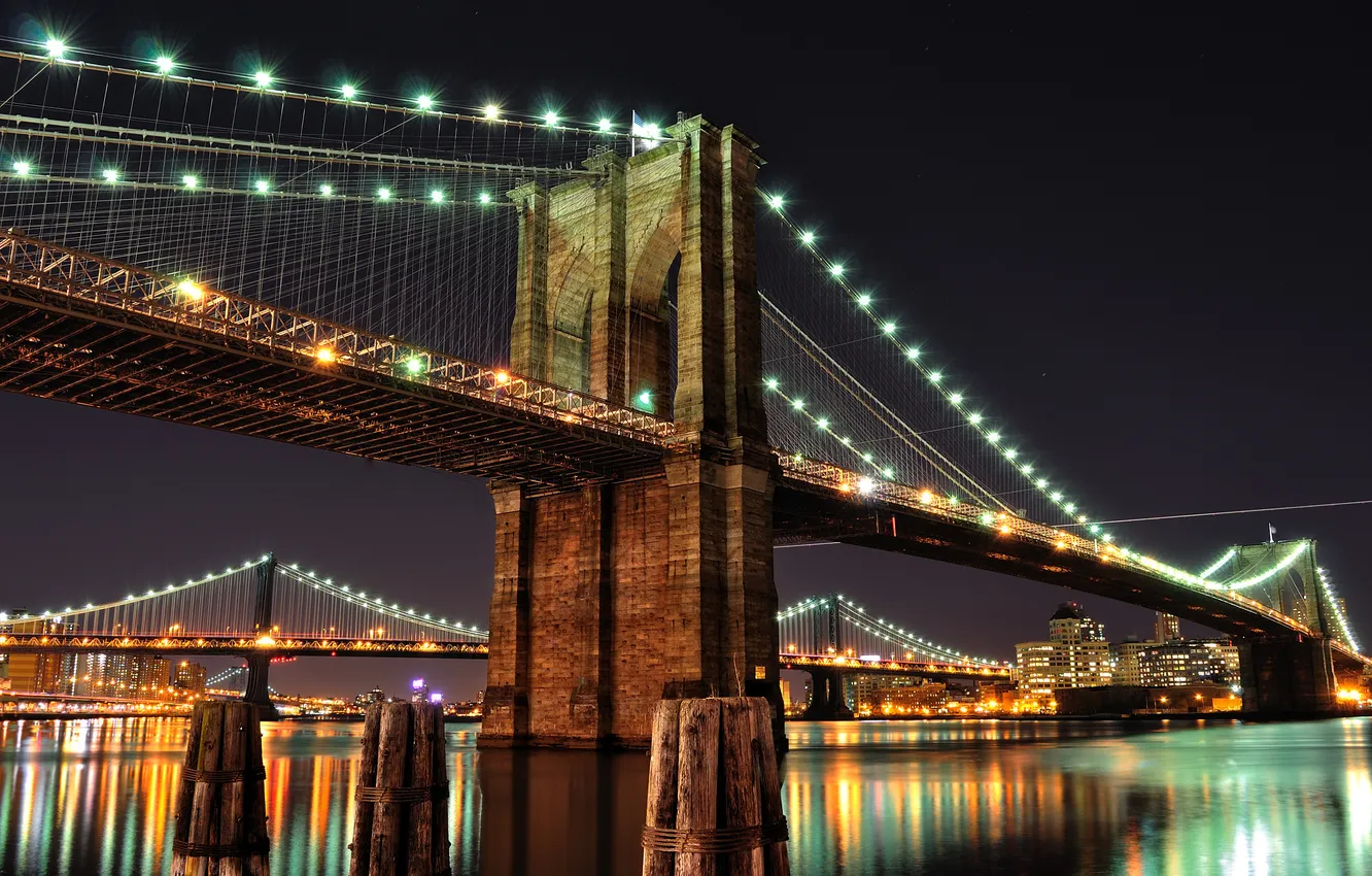 Фото обои ночь, мост, город, огни, река, Нью-Йорк, USA, Brooklyn