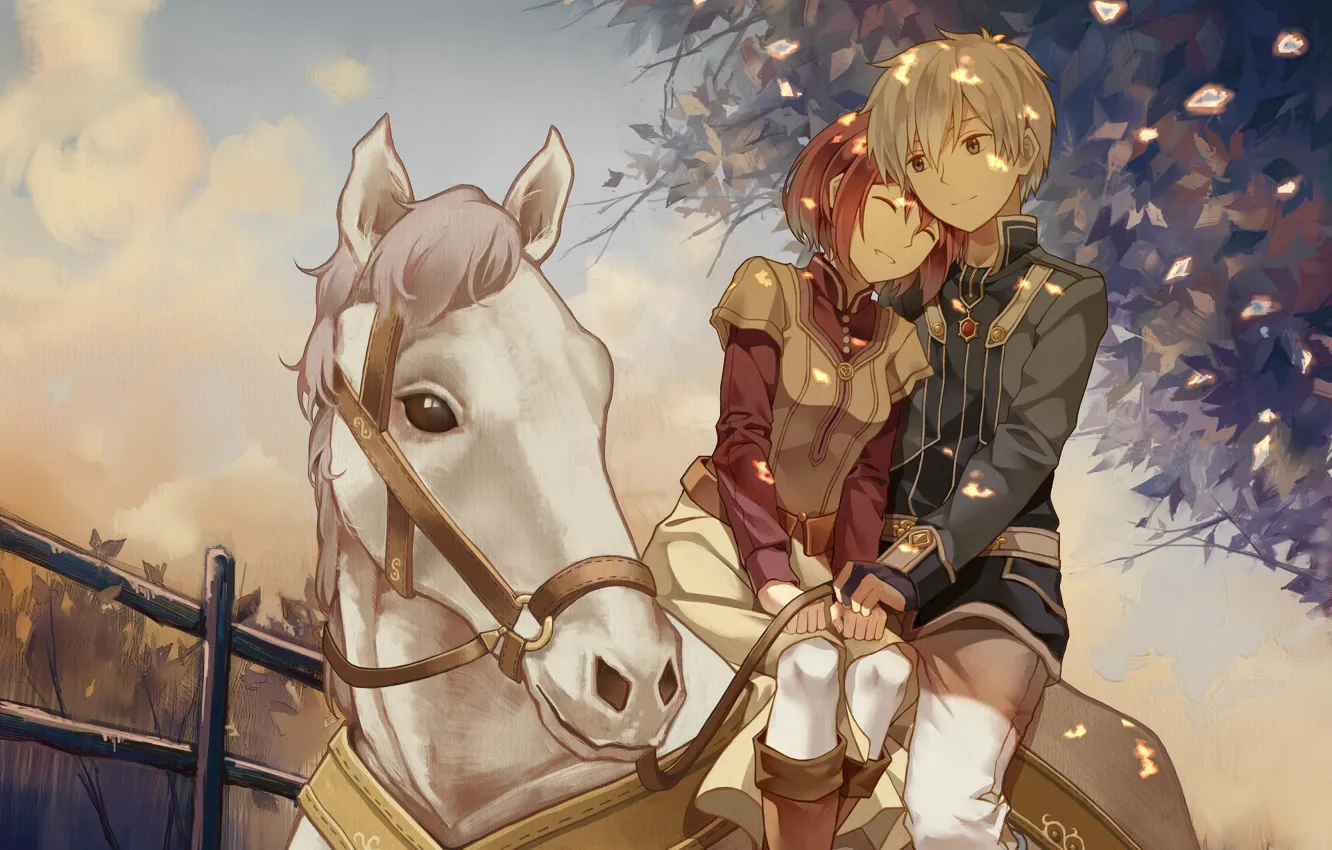 Фото обои девушка, лошадь, арт, пара, парень, akagami no shirayukihime