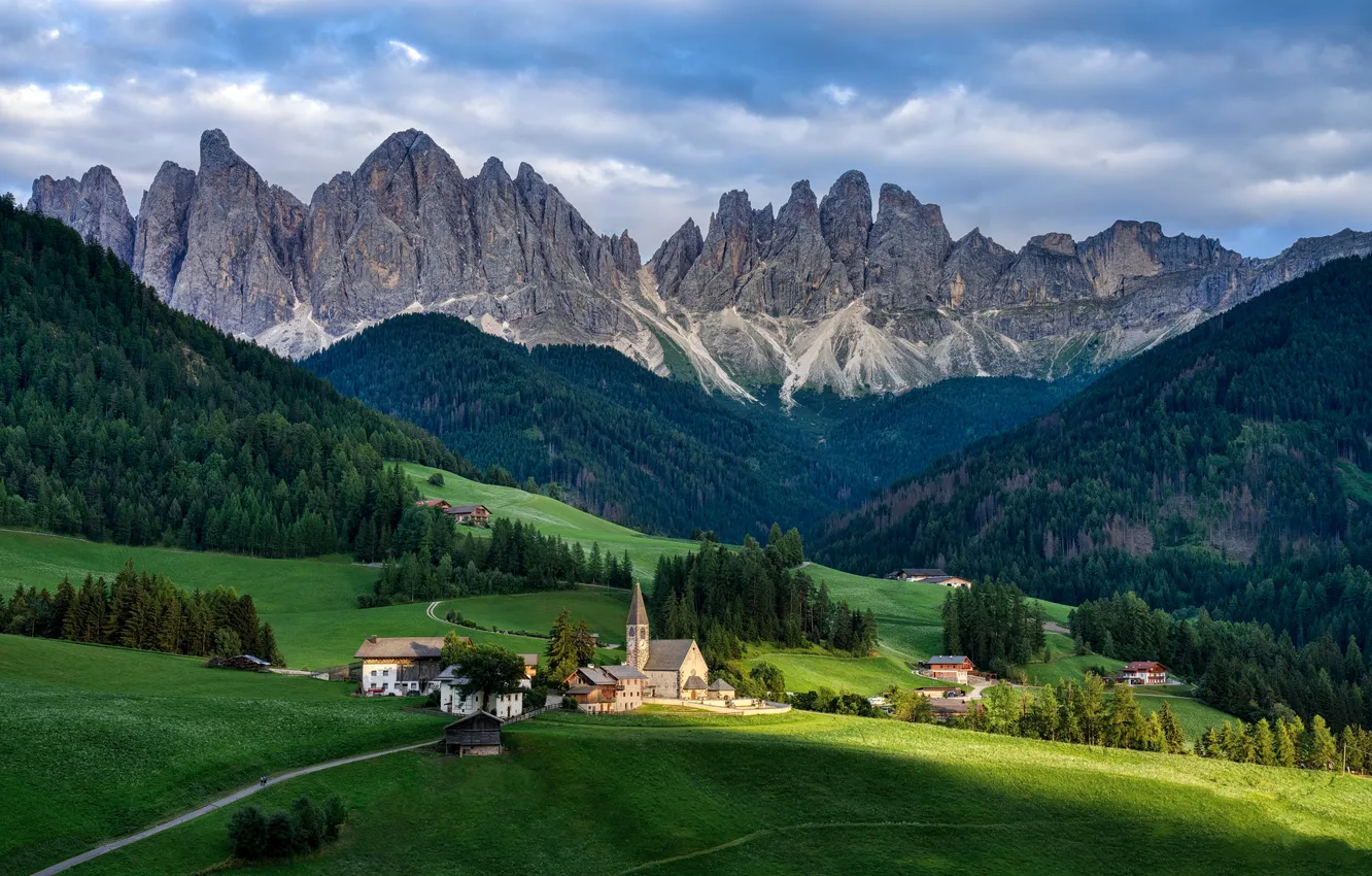 Фото обои Горы, Деревня, Альпы, Италия, Пейзаж, Santa Maddalena