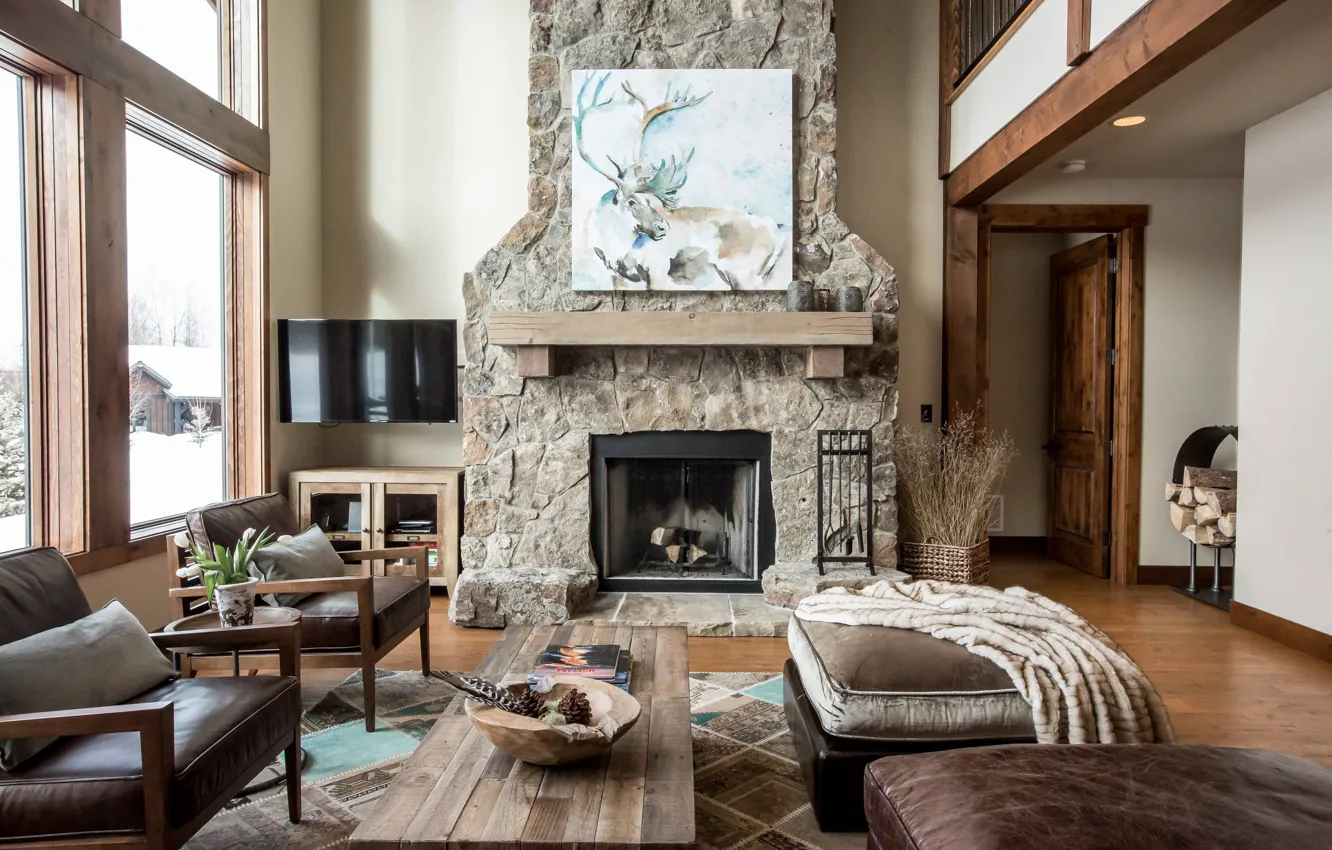 Фото обои вилла, интерьер, камин, гостиная, western country style