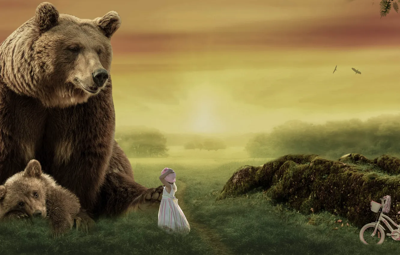 Фото обои Дерево, Медвежонок, Медведь, Девочка, Велосипед, Маша и медведи