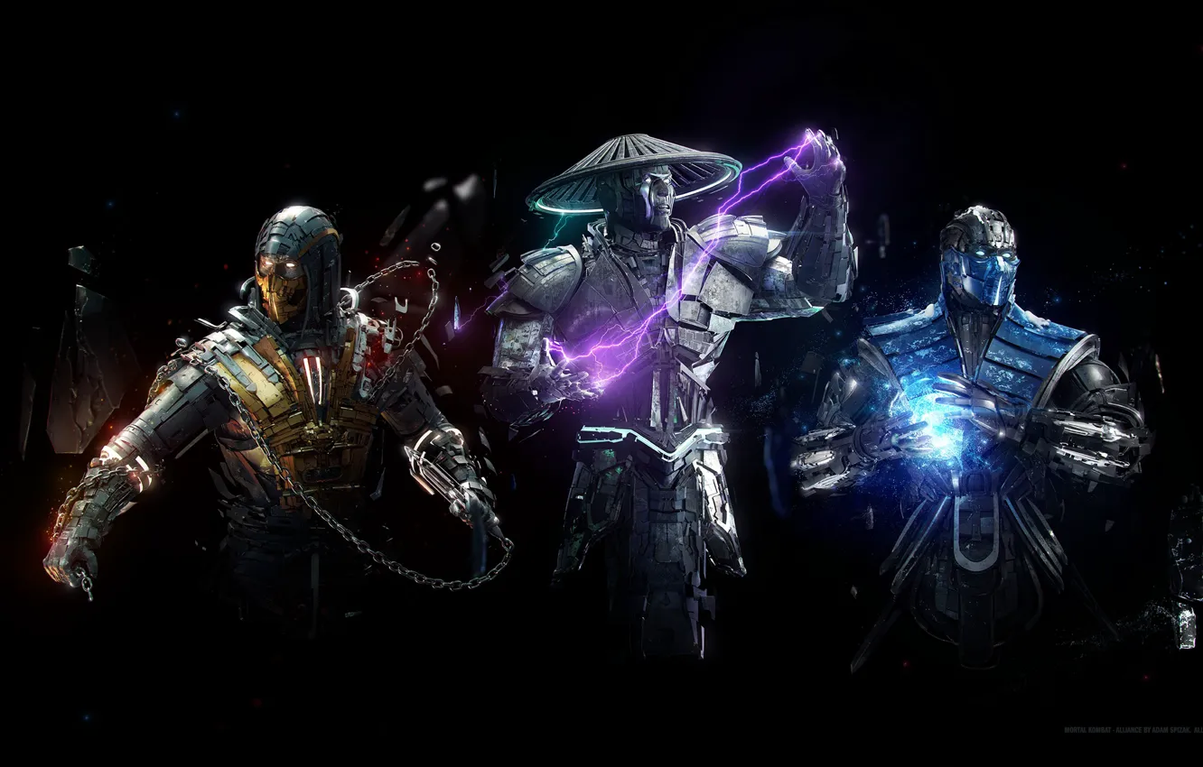 Фото обои Mortal Kombat, Scorpion, Sub-Zero, Raiden
