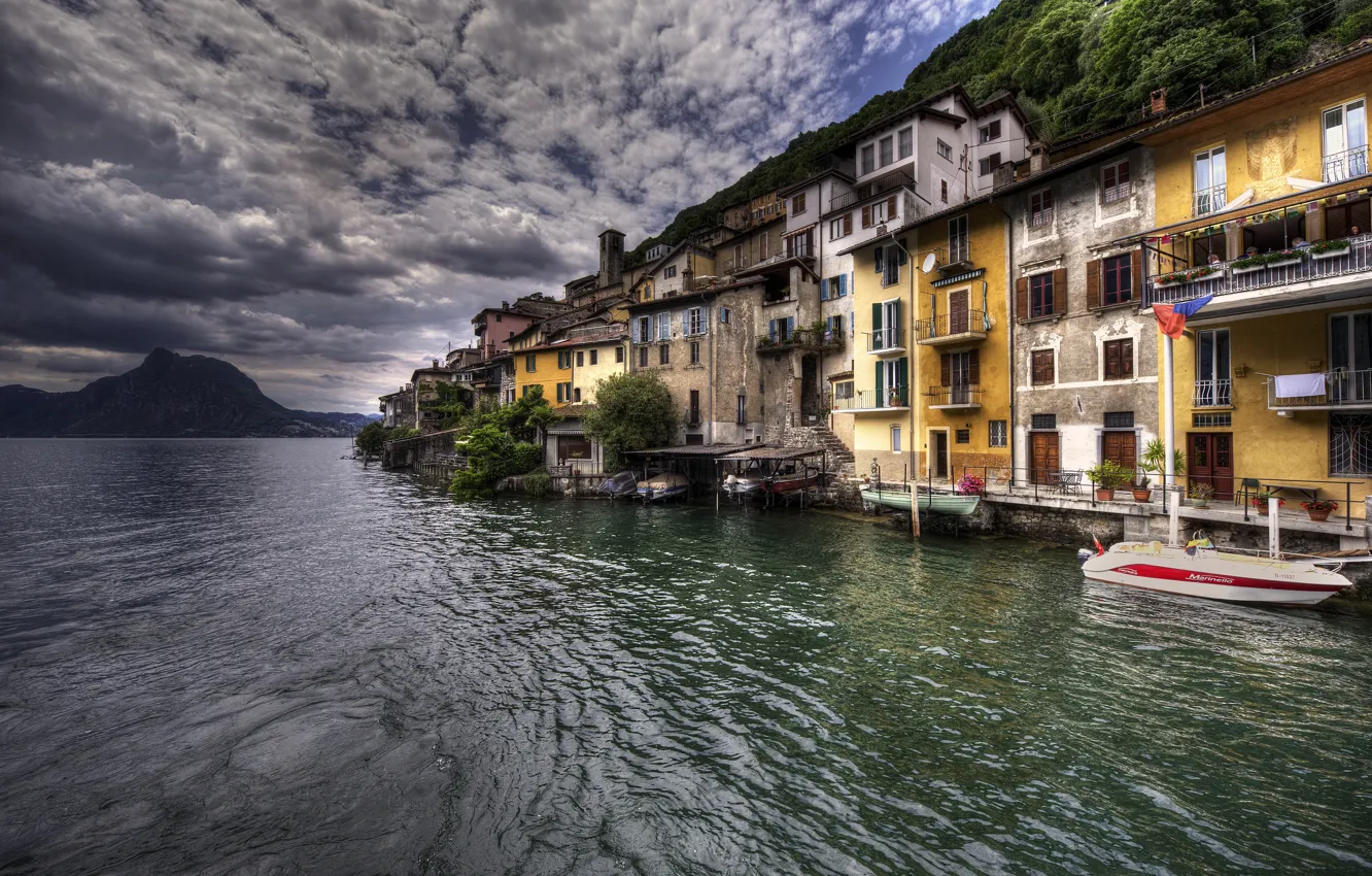 Фото обои озеро, HDR, Швейцария, Lake Lugano, Gandria
