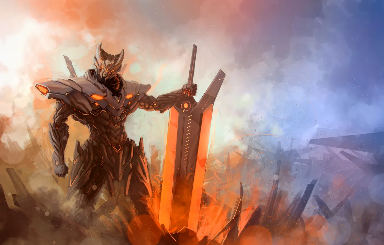 Фото обои энергия, туман, меч, Воин, броня, hi-tech, League of Legends, Jarvan IV