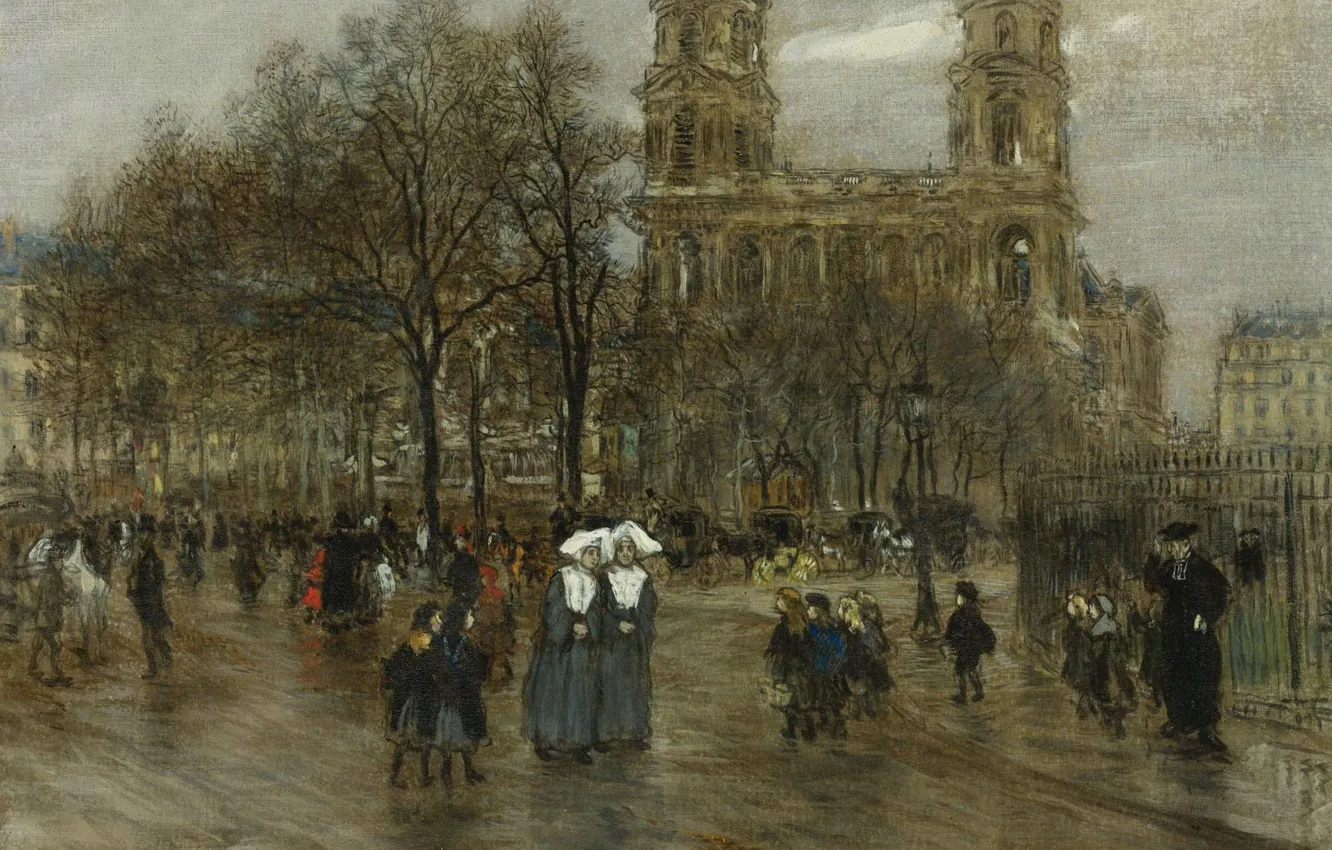 Фото обои картина, городской пейзаж, Jean-Francois Raffaelli, Жан-Франсуа Рафаэлли, Площадь Сен-Сюльпис. Париж