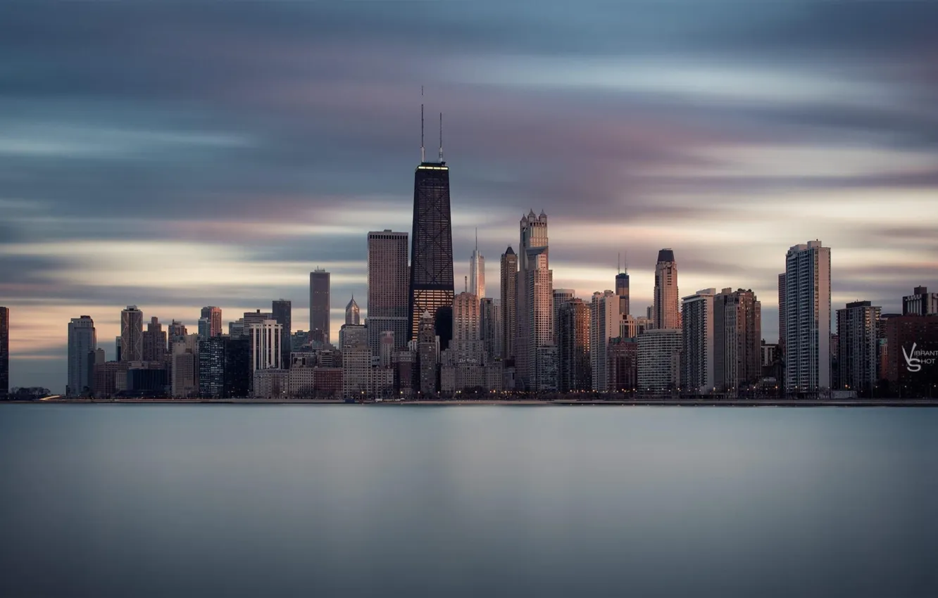 Фото обои город, река, небоскребы, вечер, Чикаго, Chicago, Иллиноис