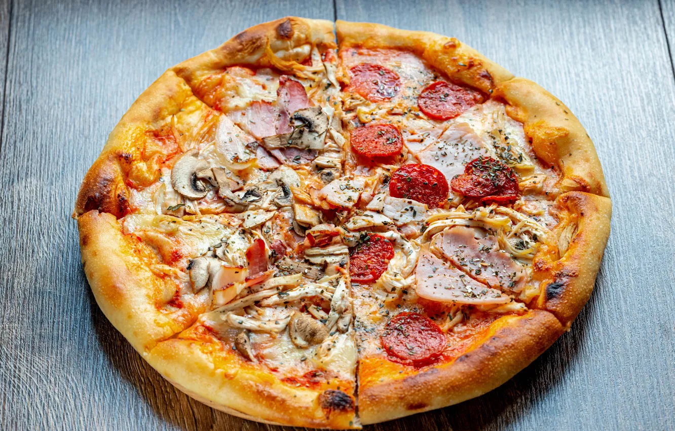 Фото обои фото, грибы, пицца, фастфуд, ветчина, волбаса