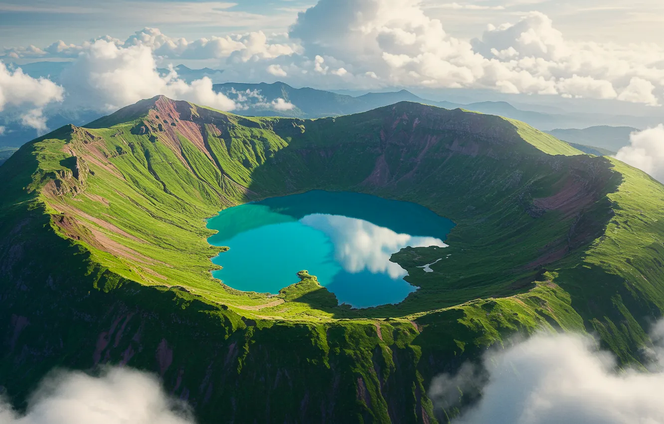Фото обои clouds, горы, кальдера, lake, обои, wallpaper, озеро, mountains