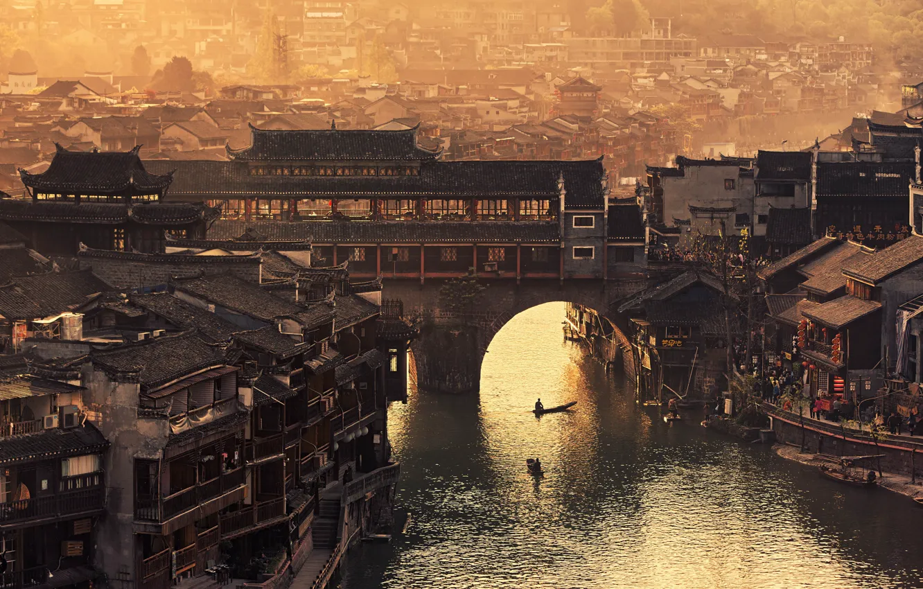 Фото обои крыша, вода, мост, Китай, Xi Que Po Lu, Хунань, Fenghuang County, Xiangxi