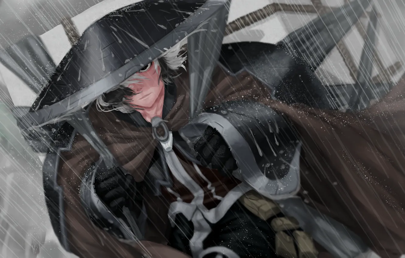 Фото обои character, rain, hat, anime, digital art, artwork, Samurai, manga