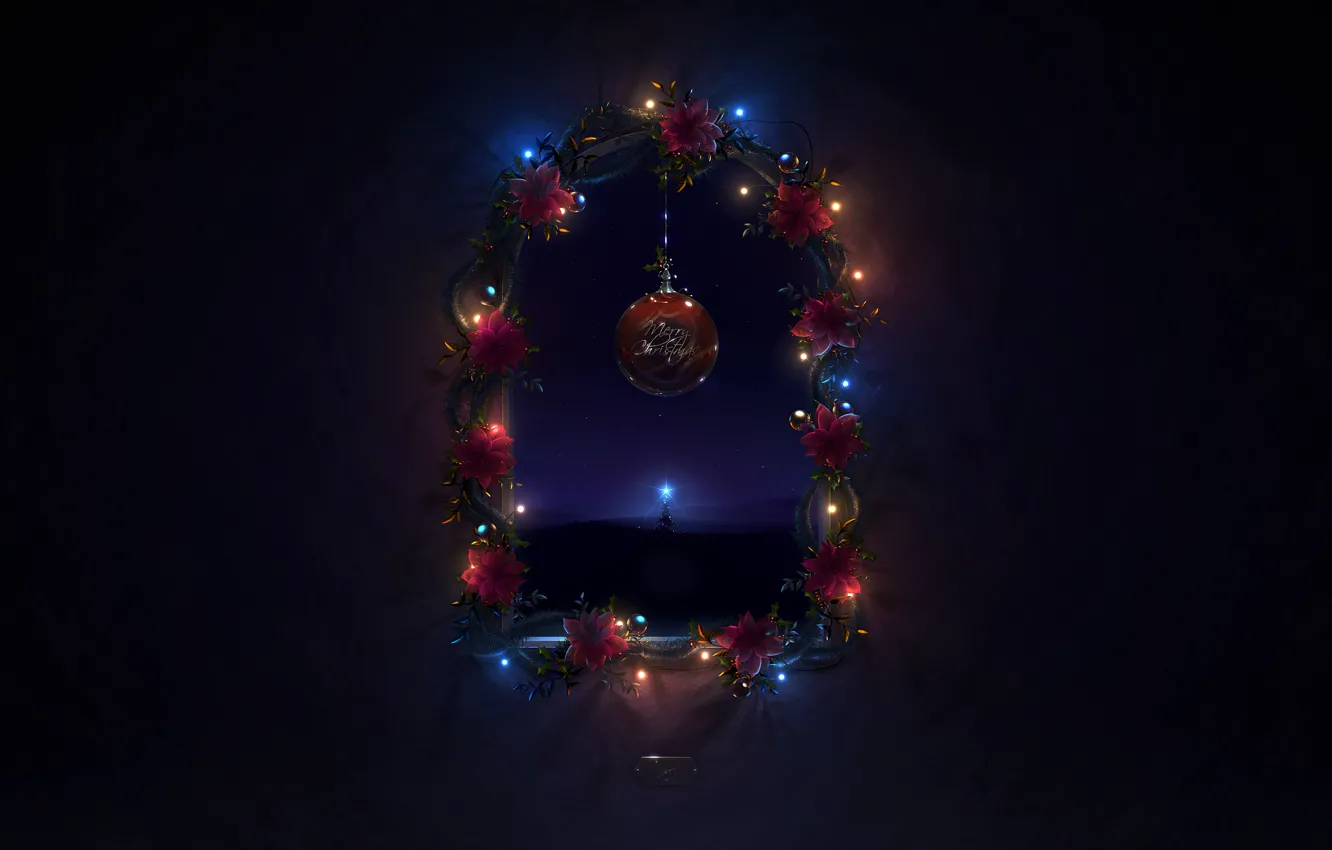 Фото обои ночь, огни, дерево, новый год, шар, рождество, ель, окно