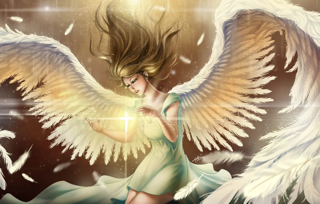 Фото обои девушка, свет, магия, крылья, ангел, перья, арт