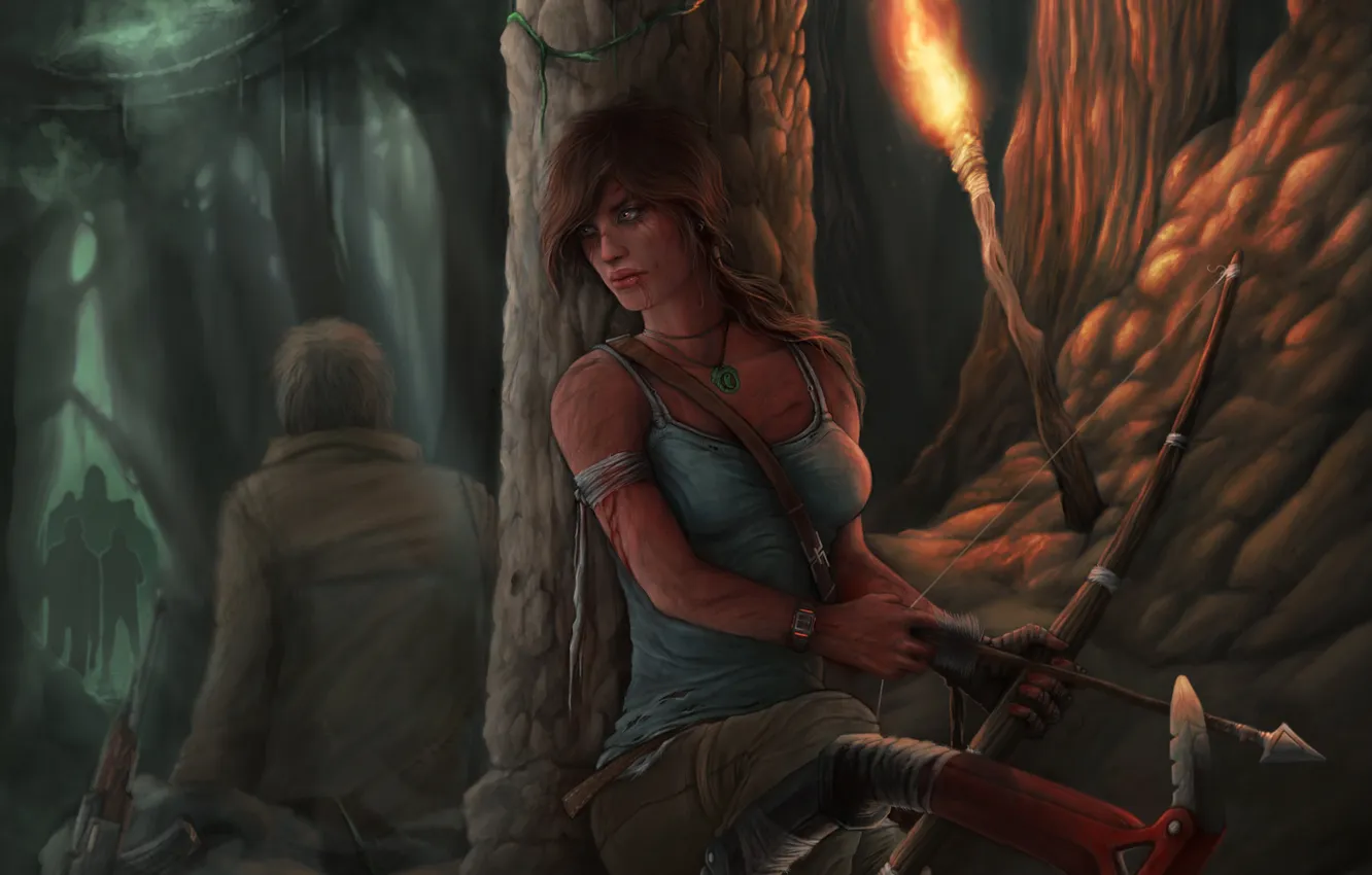Фото обои девушка, оружие, люди, лук, арт, факел, Tomb Raider, пещера