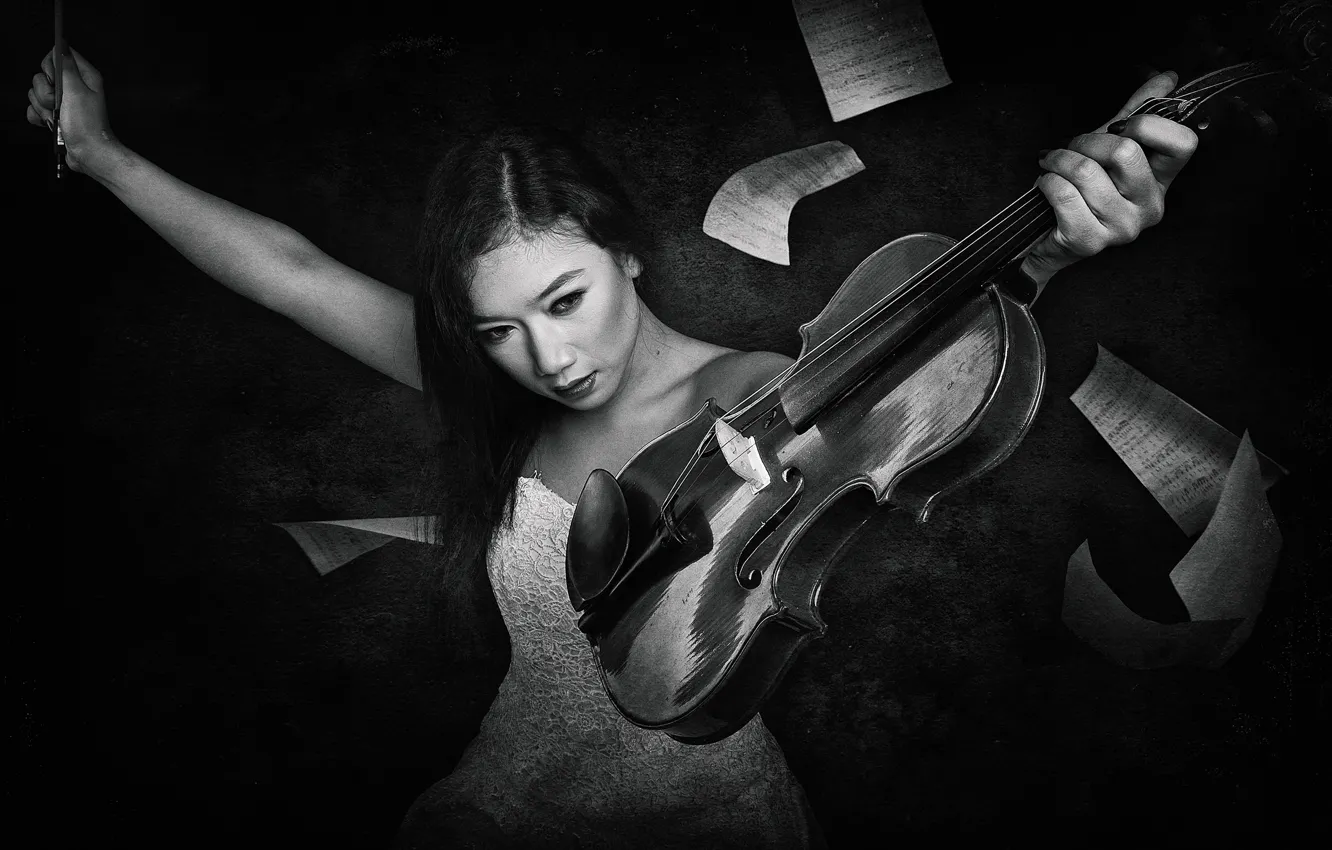 Фото обои девушка, ноты, скрипка