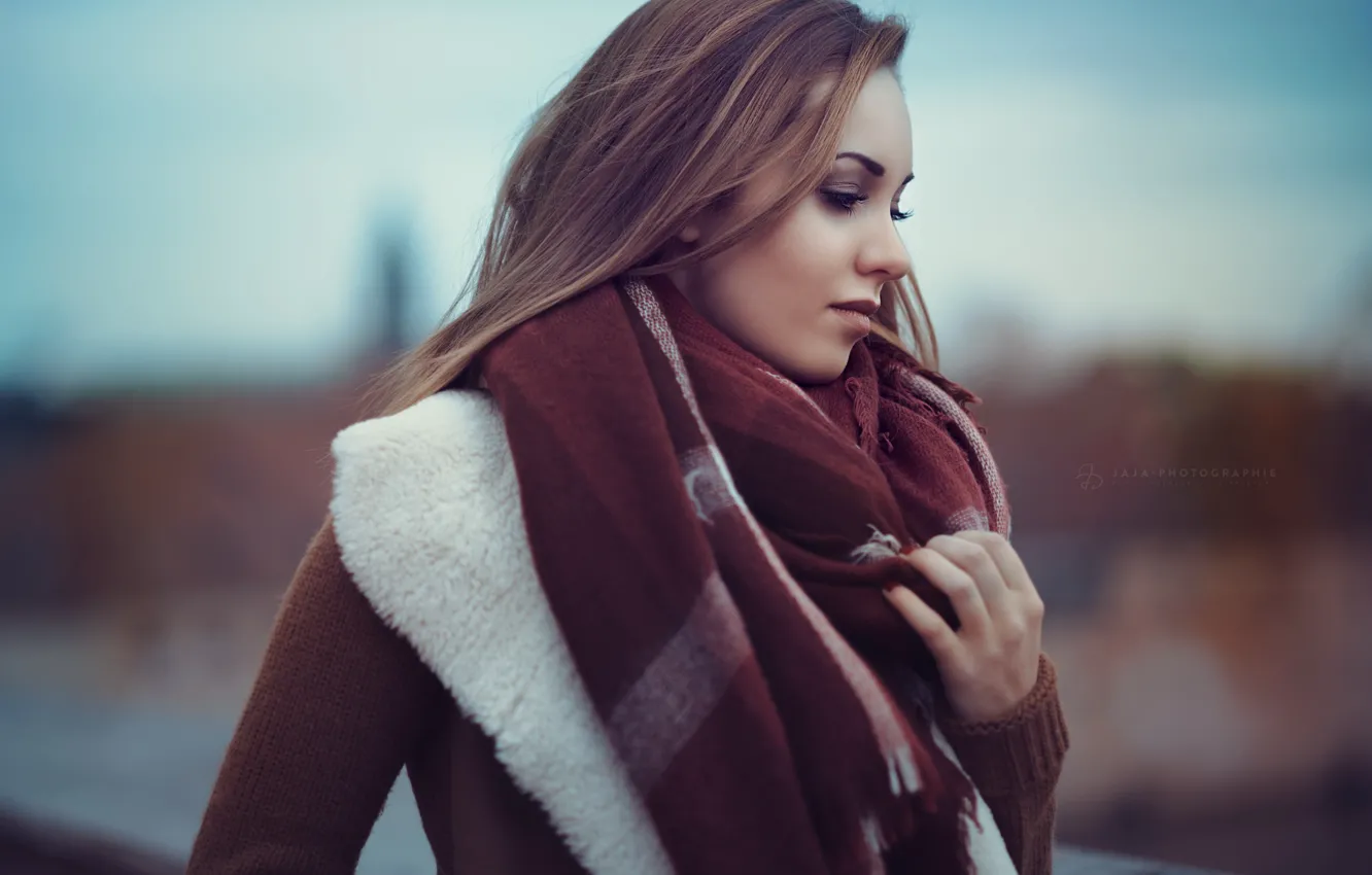 Фото обои осень, девушка, одежда, портрет, шарф, пальто