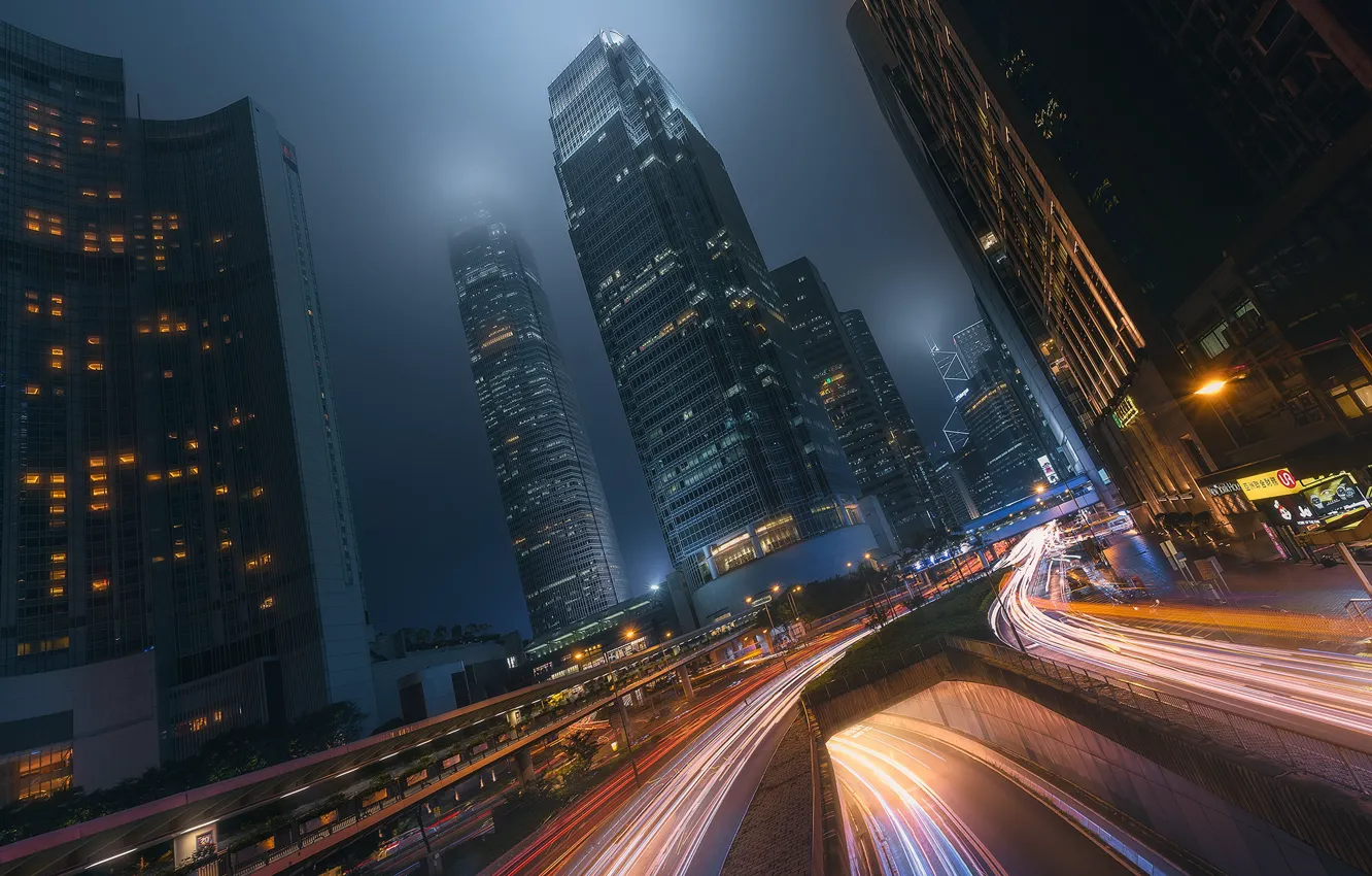 Фото обои свет, ночь, город, движение, выдержка, Китай, Гон-Конг
