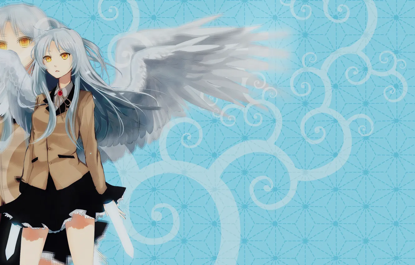 Фото обои крылья, аниме, школьница, длинные волосы, белые волосы, wings, ангельские ритмы, angel beats