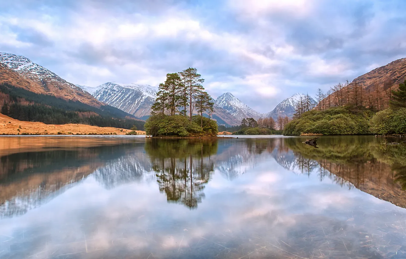 Фото обои деревья, горы, озеро, отражение, Шотландия, островок, Scotland, Scottish Highlands