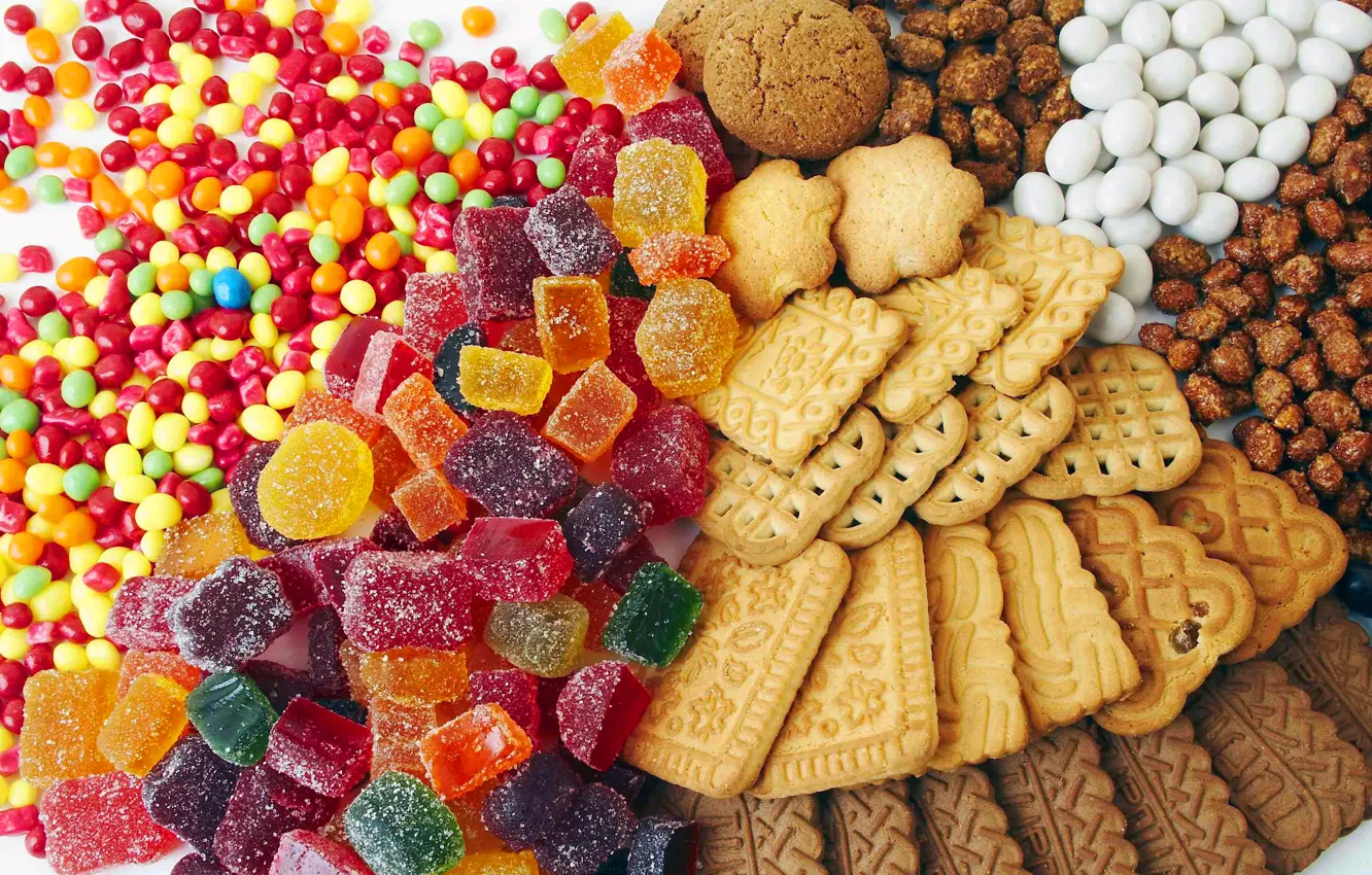 Фото обои цвета, печенье, конфеты, сладости, разноцветные, мармелад