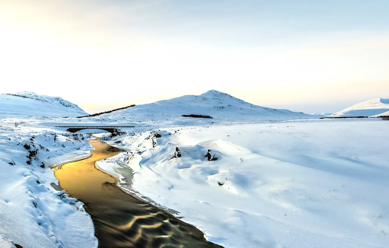 Фото обои снег, мост, река, утро