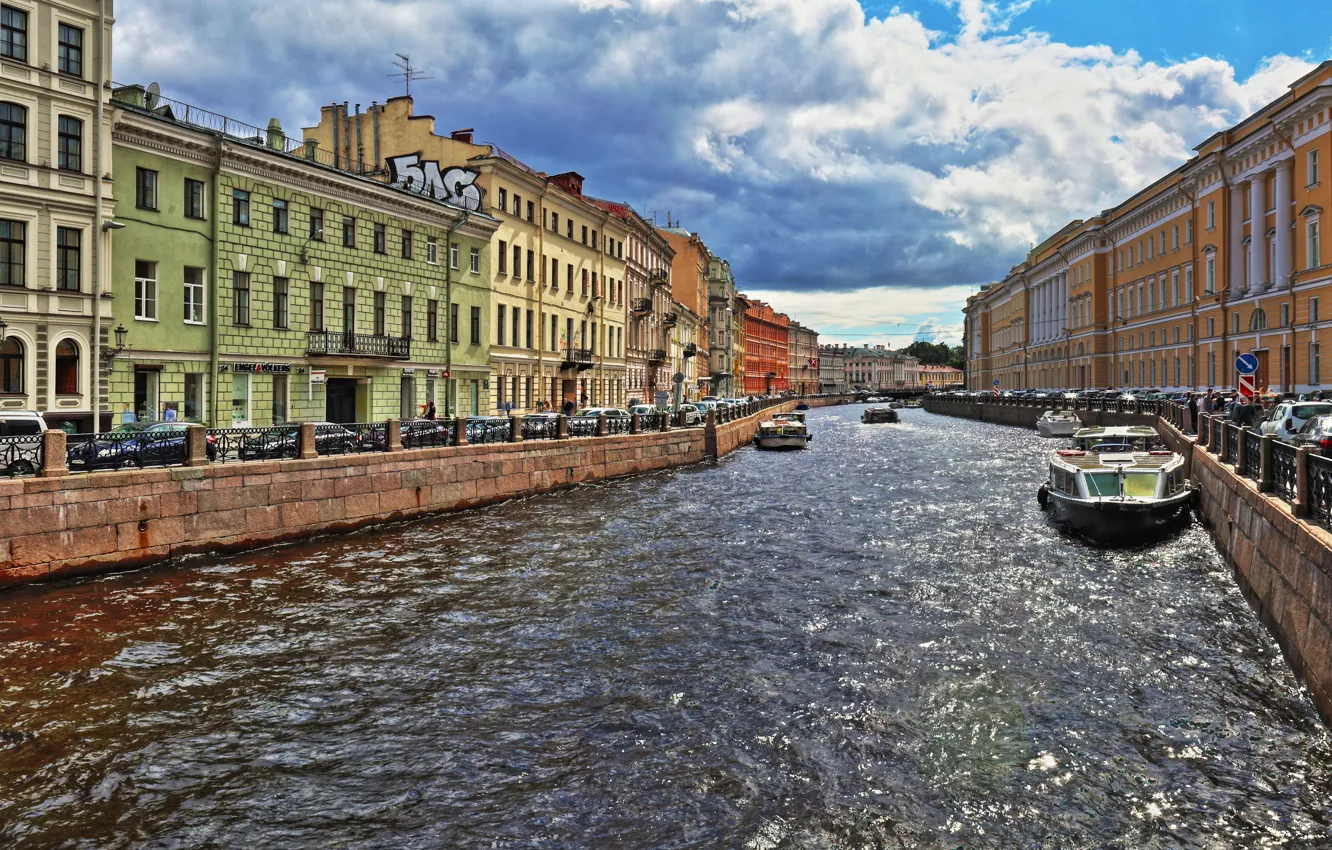 Фото обои облака, блики, река, Мойка, Санкт-Петербург, катера