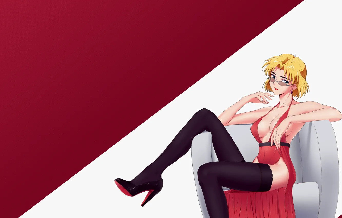 Фото обои cleavage, short hair, blonde, sitting, thighs, sideboob, bangs, bare shoulders