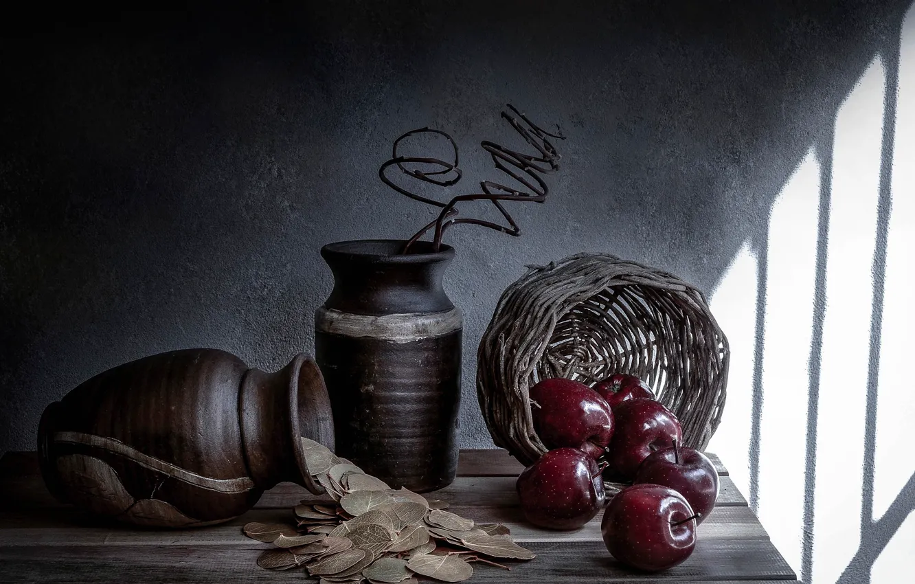 Фото обои корзина, яблоки, кувшин, натюрморт, лавр, Waiting for the Snow White