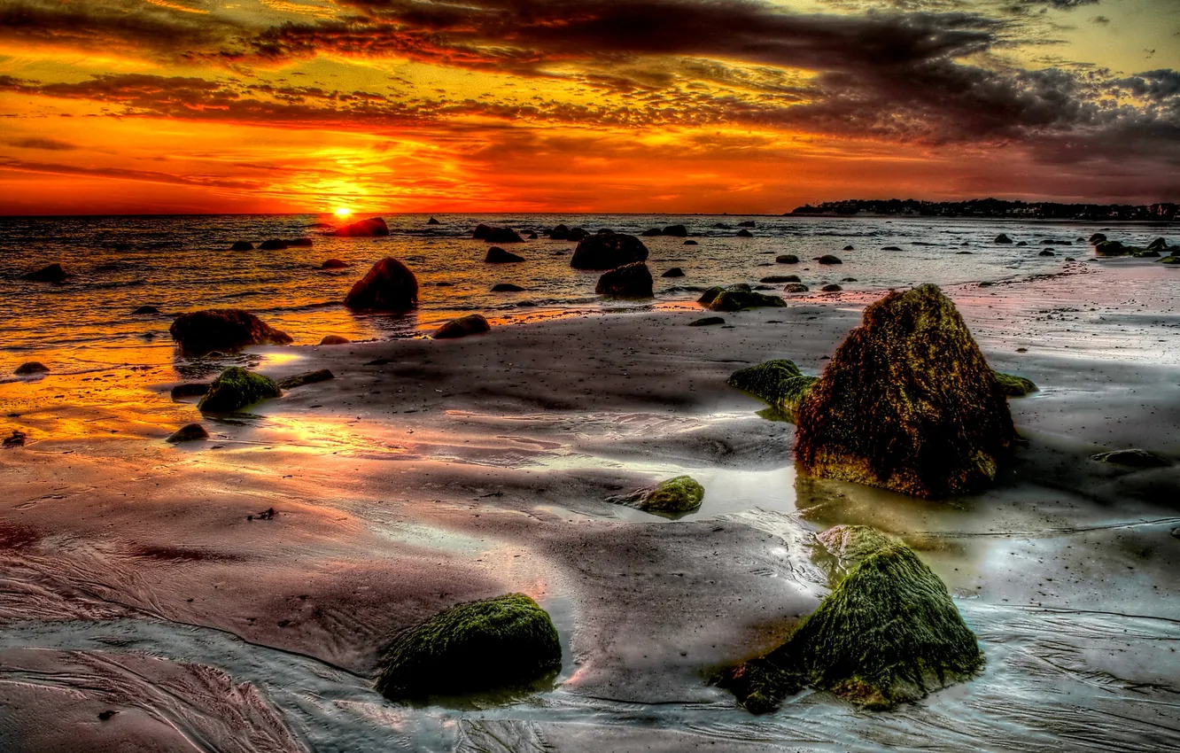 Фото обои море, небо, солнце, закат, тучи, камни, берег, отлив