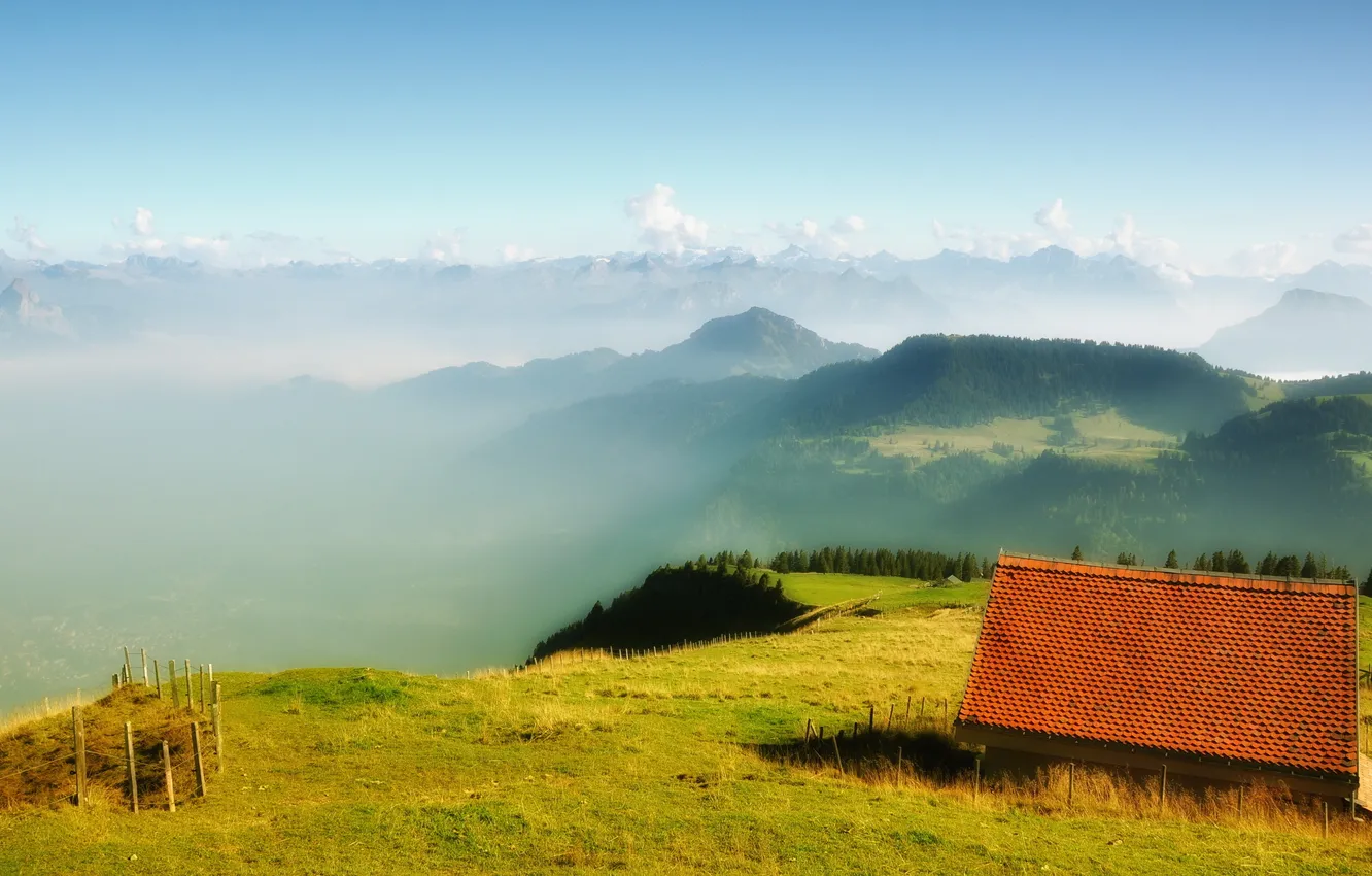 Фото обои пейзаж, горы, дом, Switzerland, Canton of Schwyz, Kulm