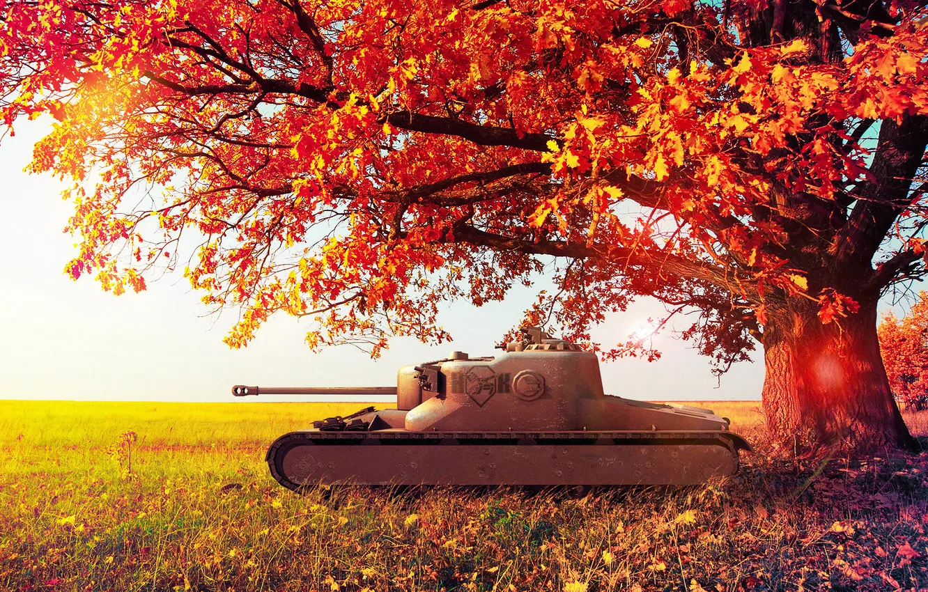 Фото обои осень, листья, дерево, Англия, танк, Великобритания, wot, World of Tanks