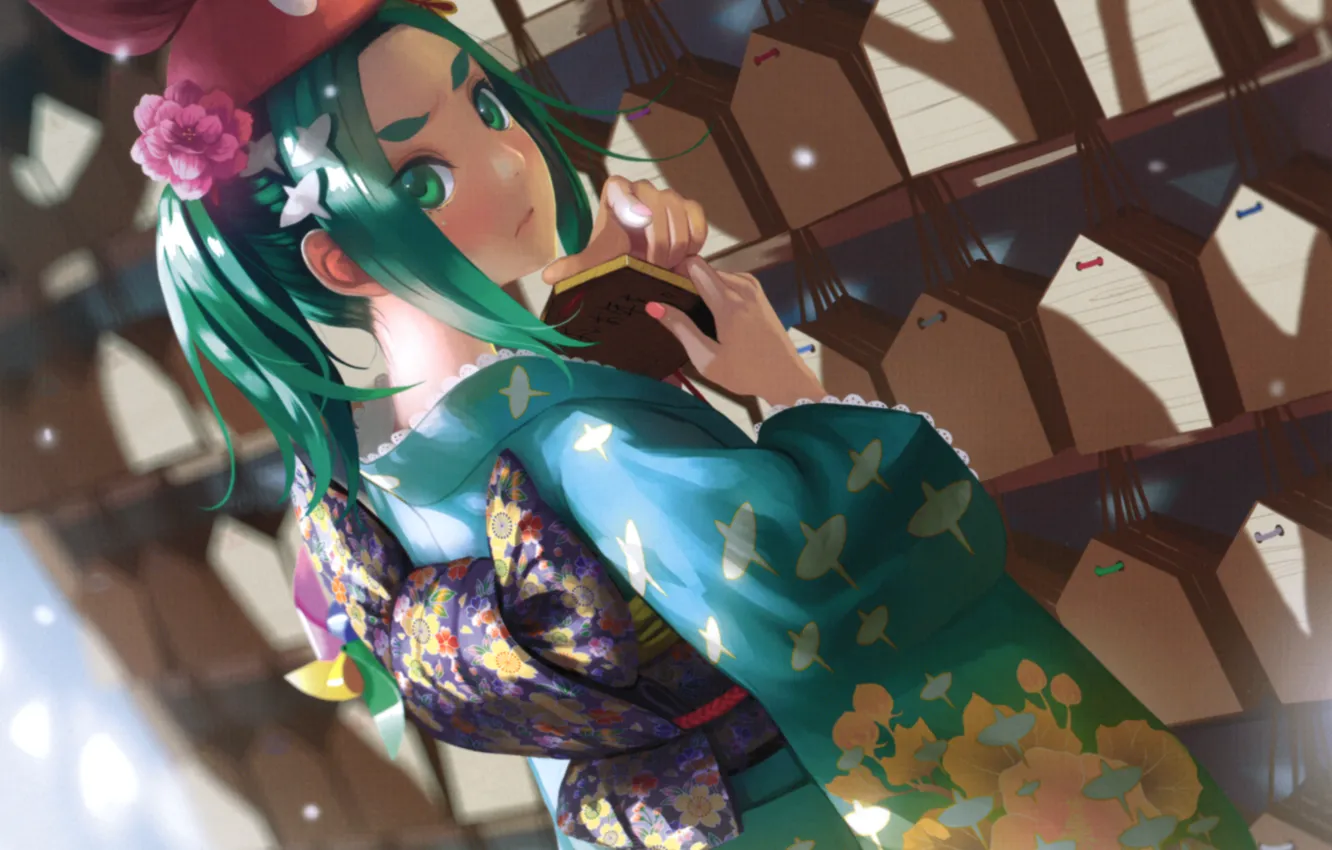 Фото обои вертушка, таблички, прическа, кимоно, зеленые волосы, Bakemonogatari, Истории чудовищ, Yotsugi Ononoki