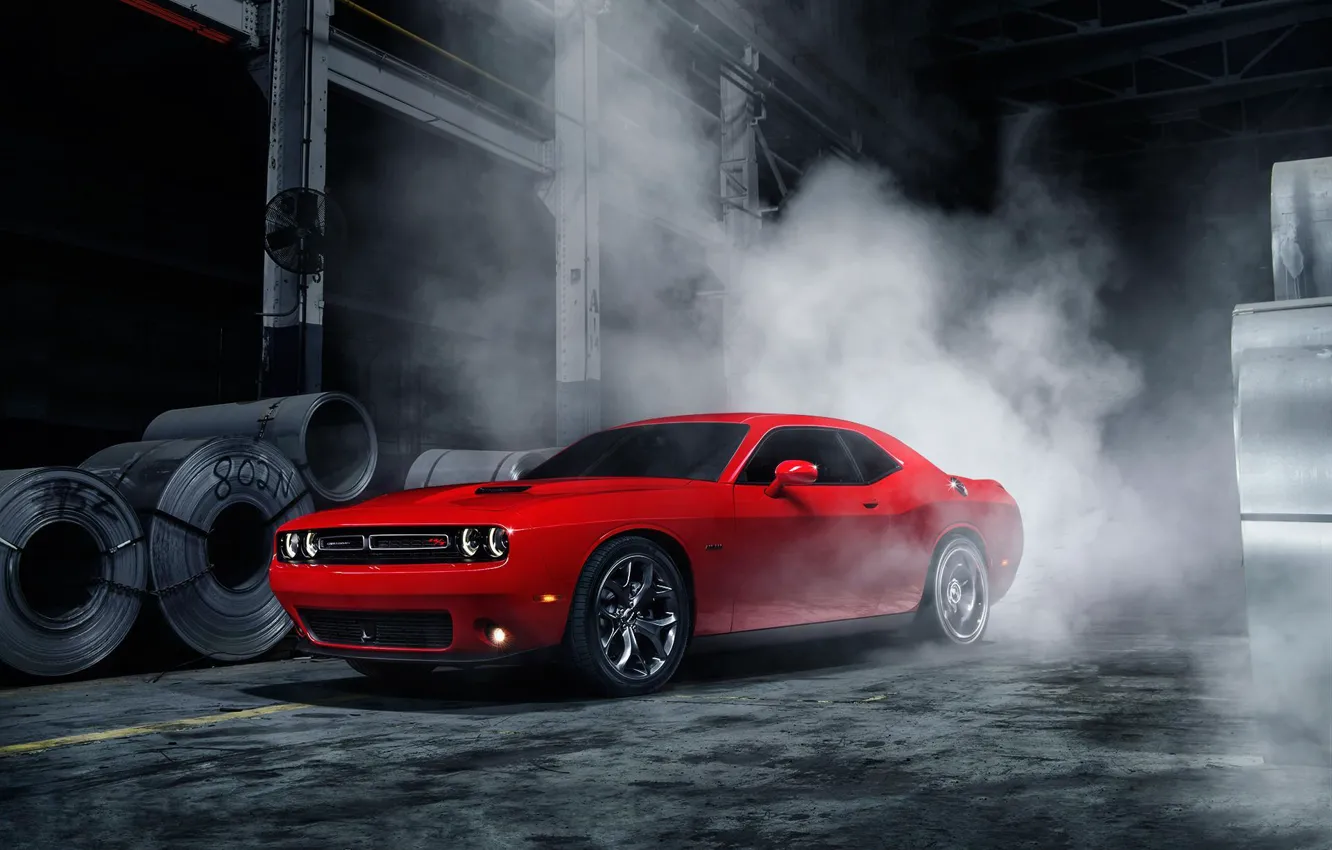 Фото обои Muscle, Dodge, Challenger, Red, Car, Front, Smoke, American