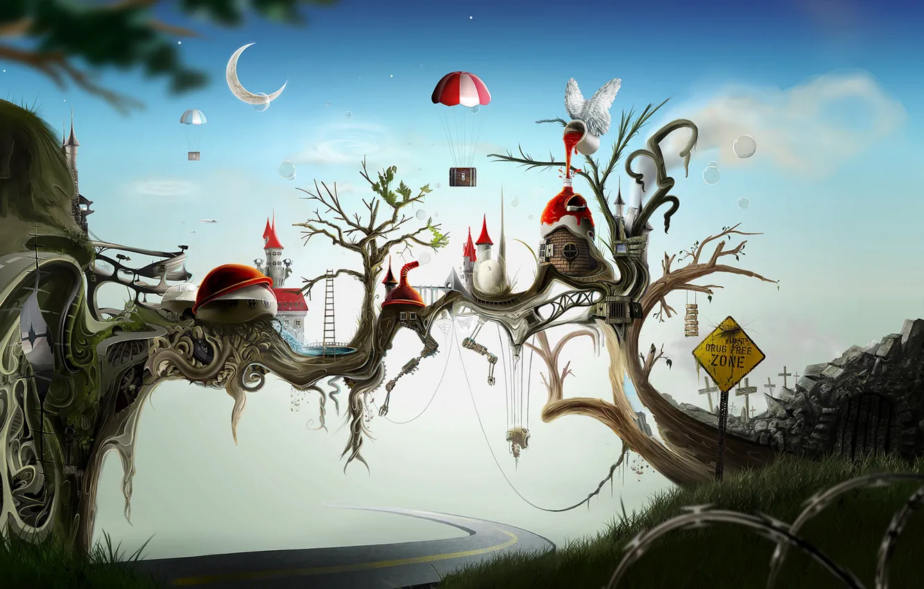 Фото обои дорога, деревья, движение, дома, road, trees, houses, traffic