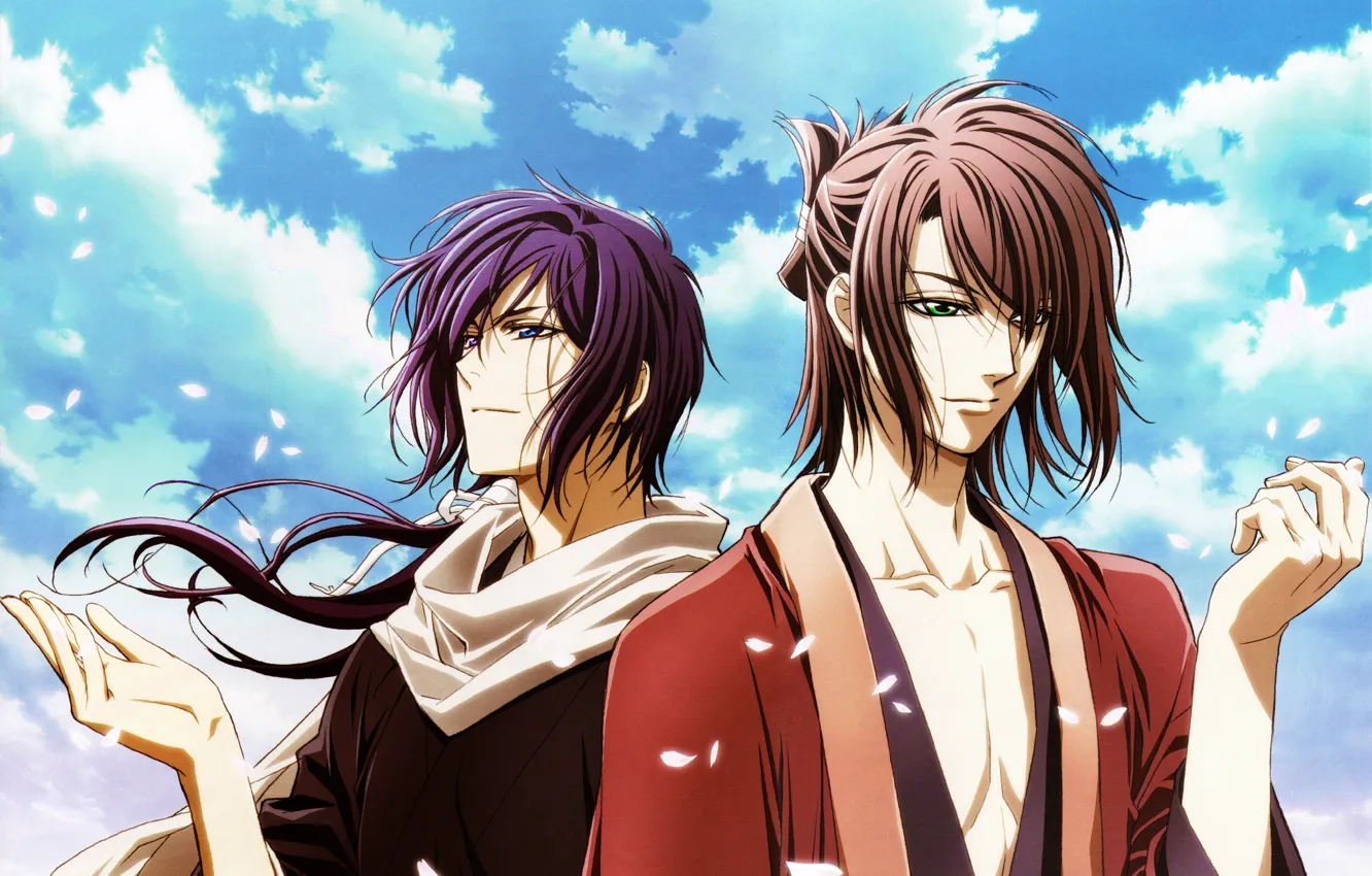Фото обои небо, облака, ветер, лепестки, сакура, парни, самураи, Hakuouki