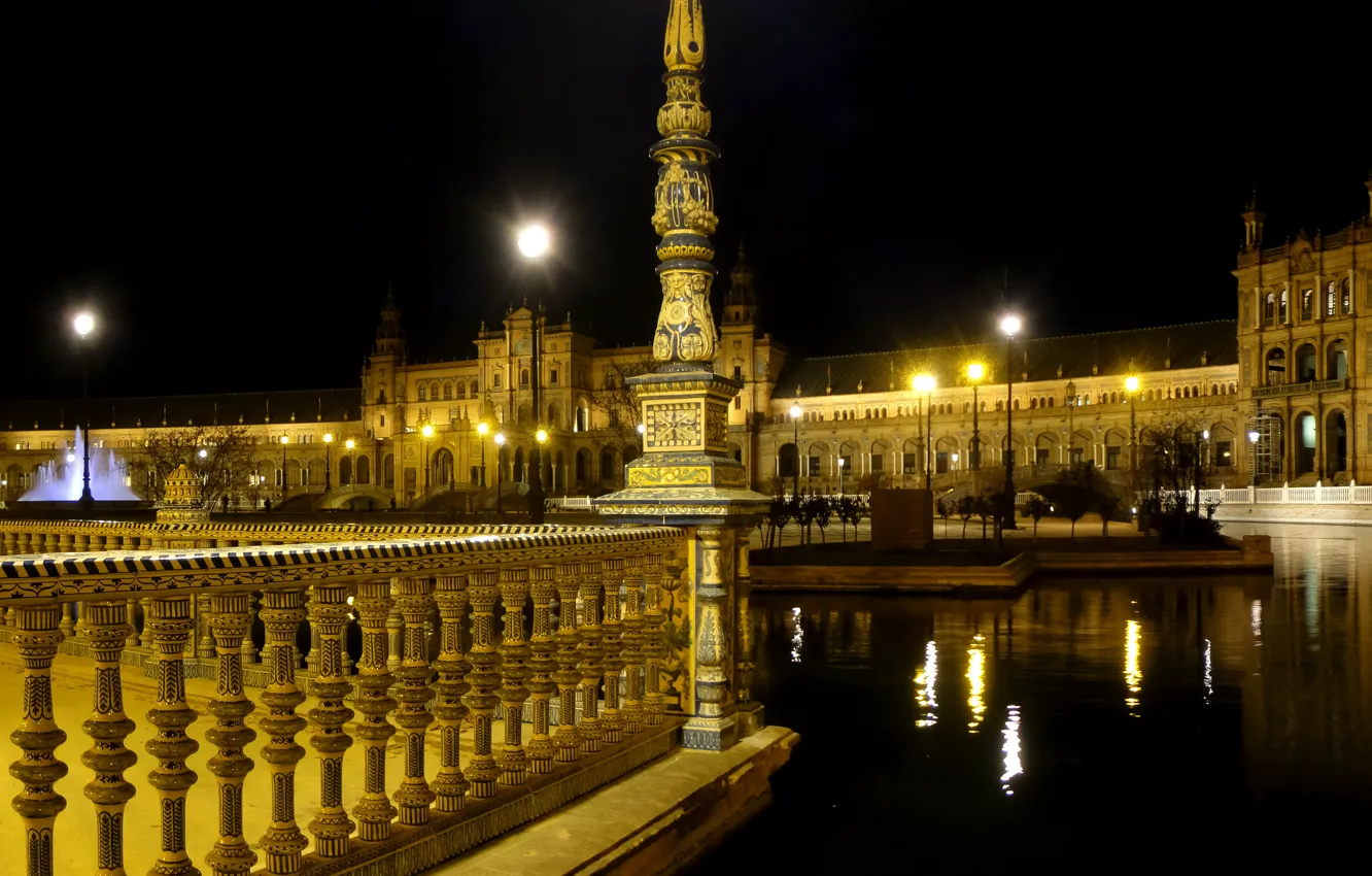 Фото обои ночь, огни, Испания, Севилья, Seville, Площадь Испании, Plaza de Espana