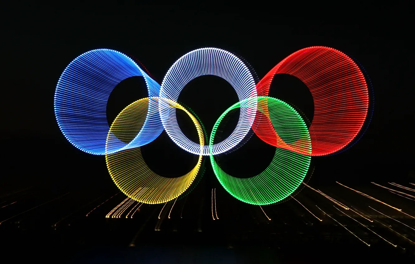 Фото обои лучи, абстракция, огни, кольца, олимпиада