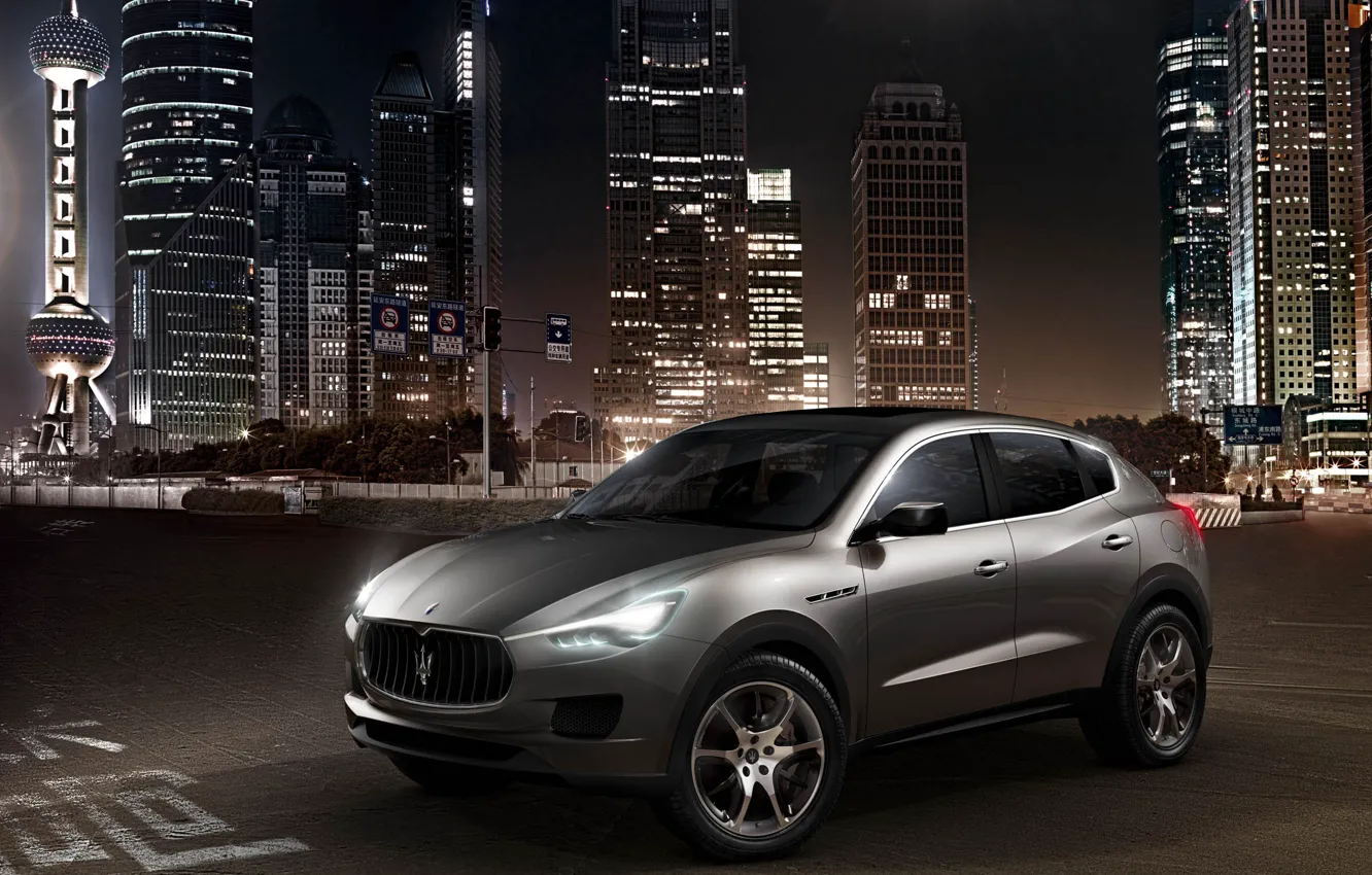 Фото обои concept, серебристый металлик, Maserati Kubang, высотки здания