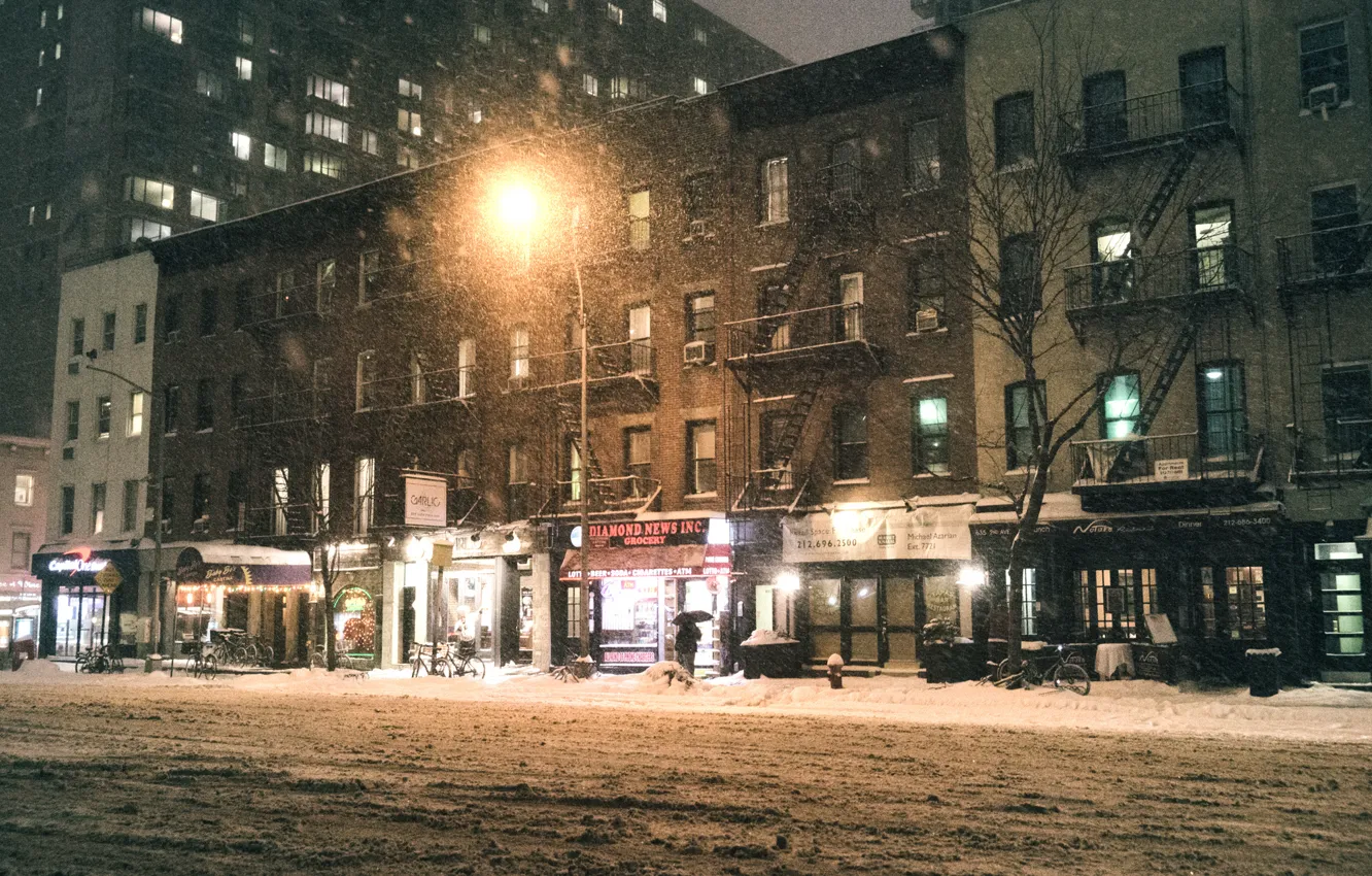Фото обои USA, storm, night, New York, Manhattan, NYC, Snow, New York City