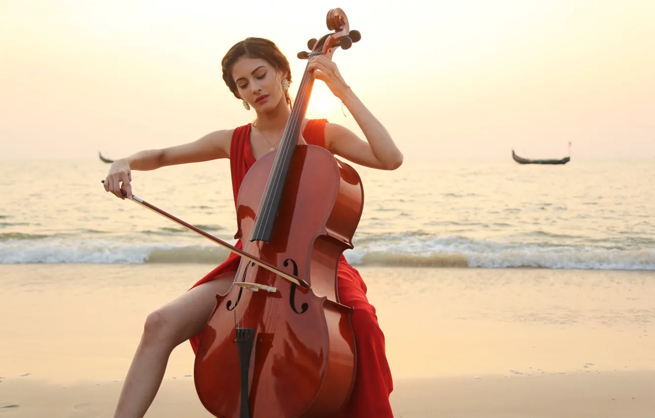 Фото обои скрипка, girl, hot, sexy, красное платье, eyes, beautiful, figure
