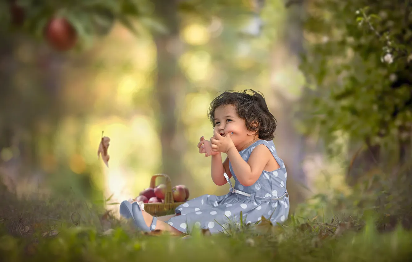 Фото обои природа, настроение, яблоки, девочка